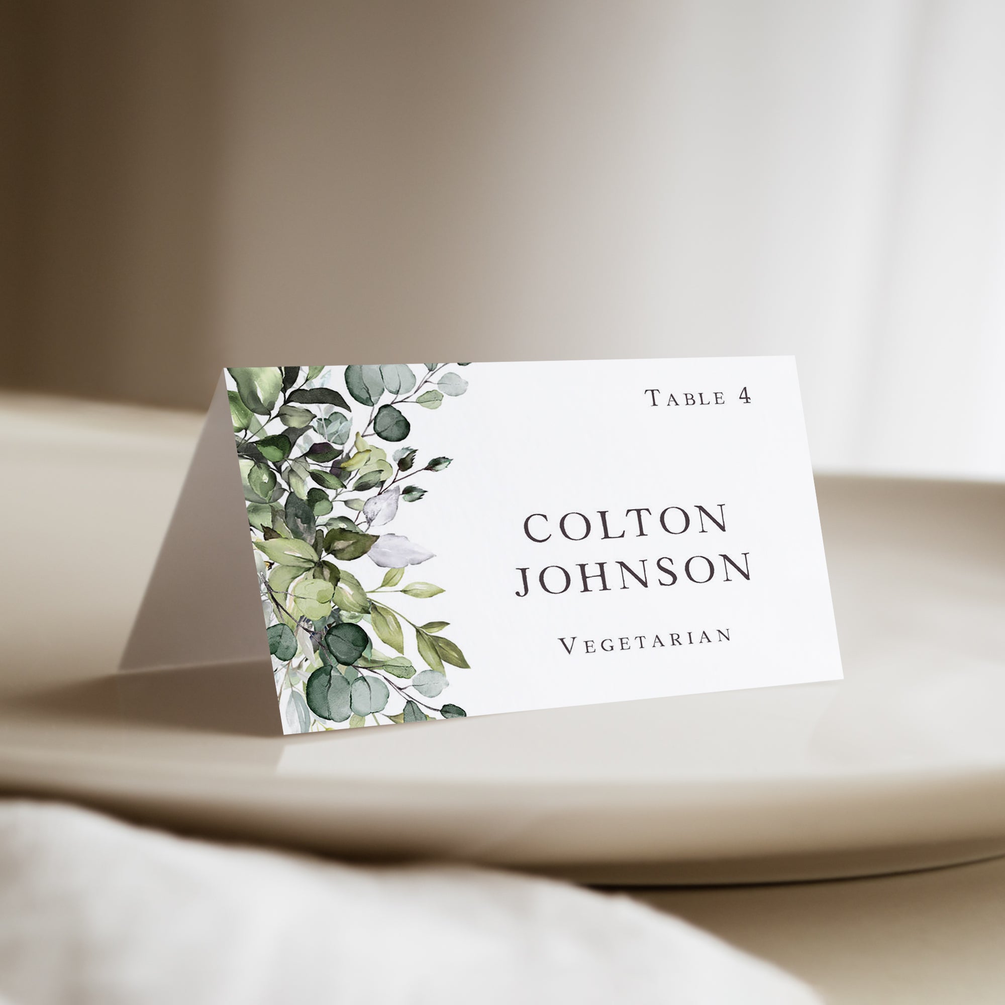 Eucalyptus greenery wedding place card with meal choice that are personalized and printed for you.