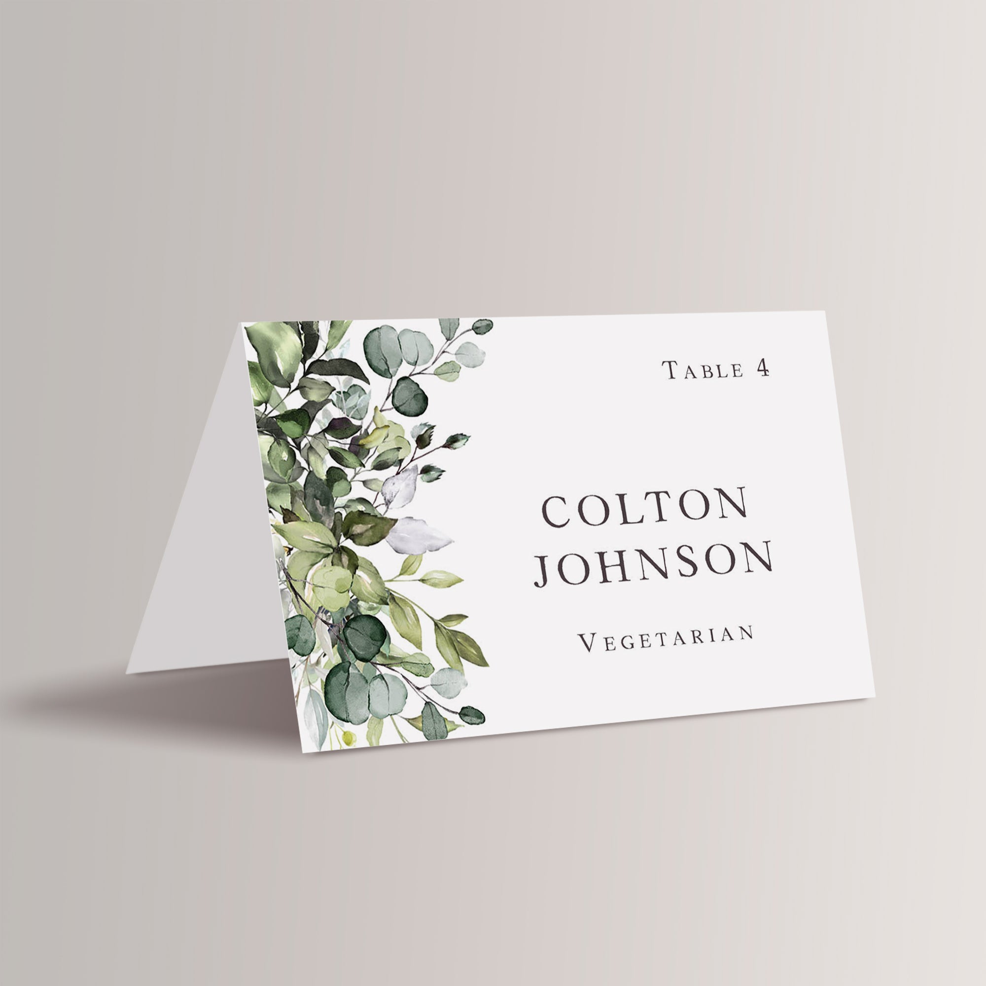 Personalized Eucalyptus Greenery Wedding Place Cards with Meal Choice 
Enhance your outdoor wedding reception, rehearsal dinner, or event with our charming, personalized place cards. Featuring a delicate eucalyptus greenery design and a soft serif font, these nature-inspired place cards are perfect for a fresh, elegant celebration. Not only do they guide your guests to their seats, but they also include meal indicators to ensure everyone is comfortably served.