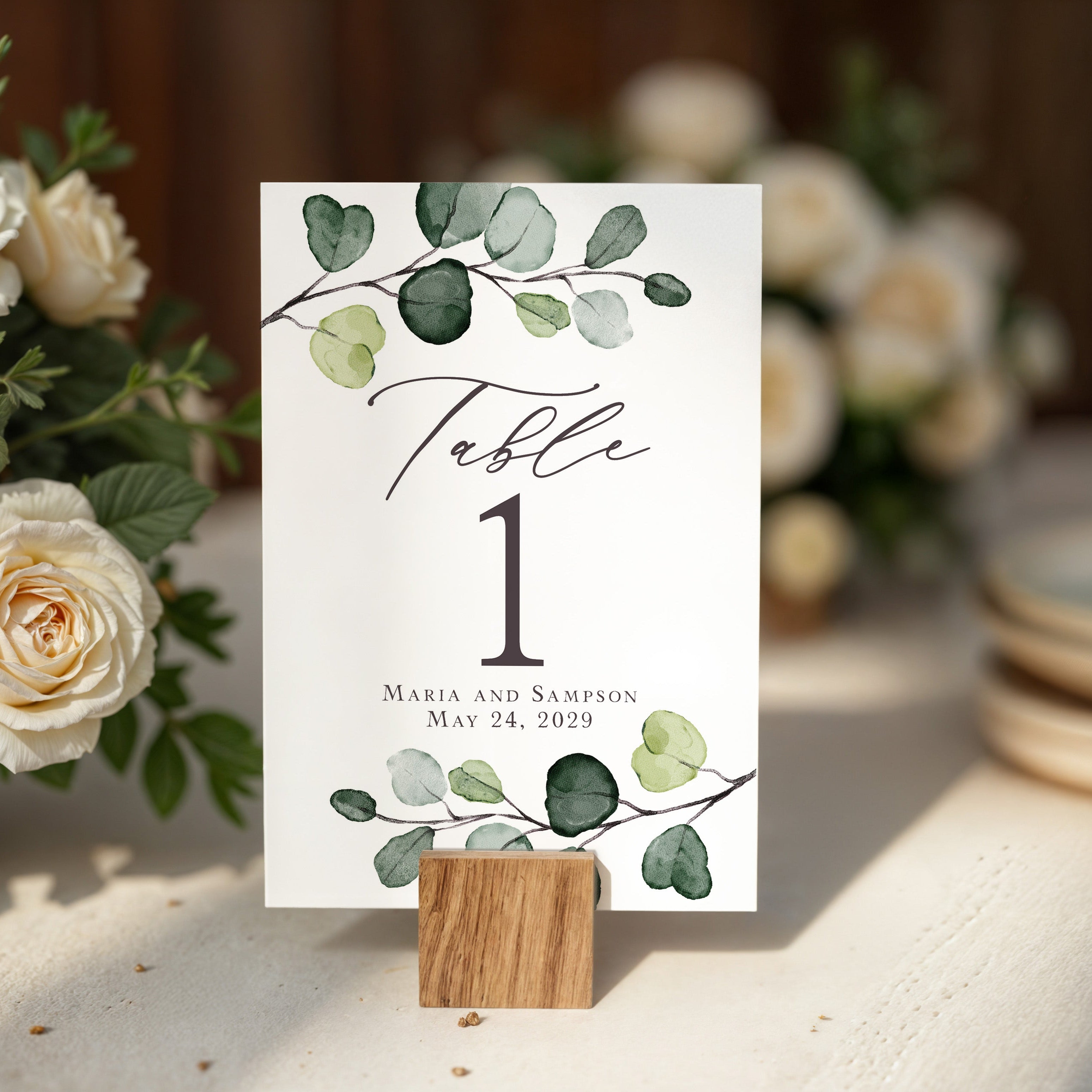Printed eucalyptus wedding table numbers in sizes 5x7 or 4x6.