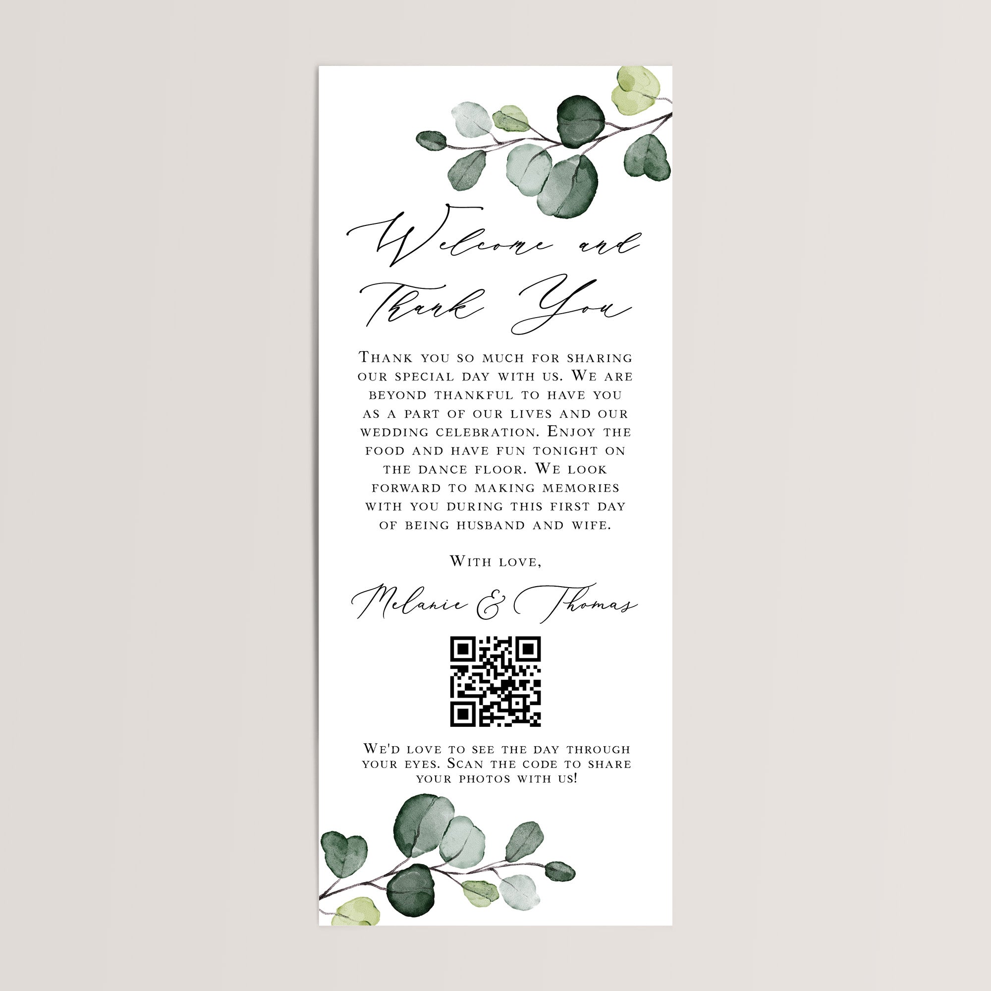 Make your guests feel truly welcomed and appreciated with these elegant wedding table thank you cards. Designed to sit beautifully at each place setting, these cards combine a heartfelt message with a photo sharing QR code so guests can easily upload their pictures from your special day and share the love.