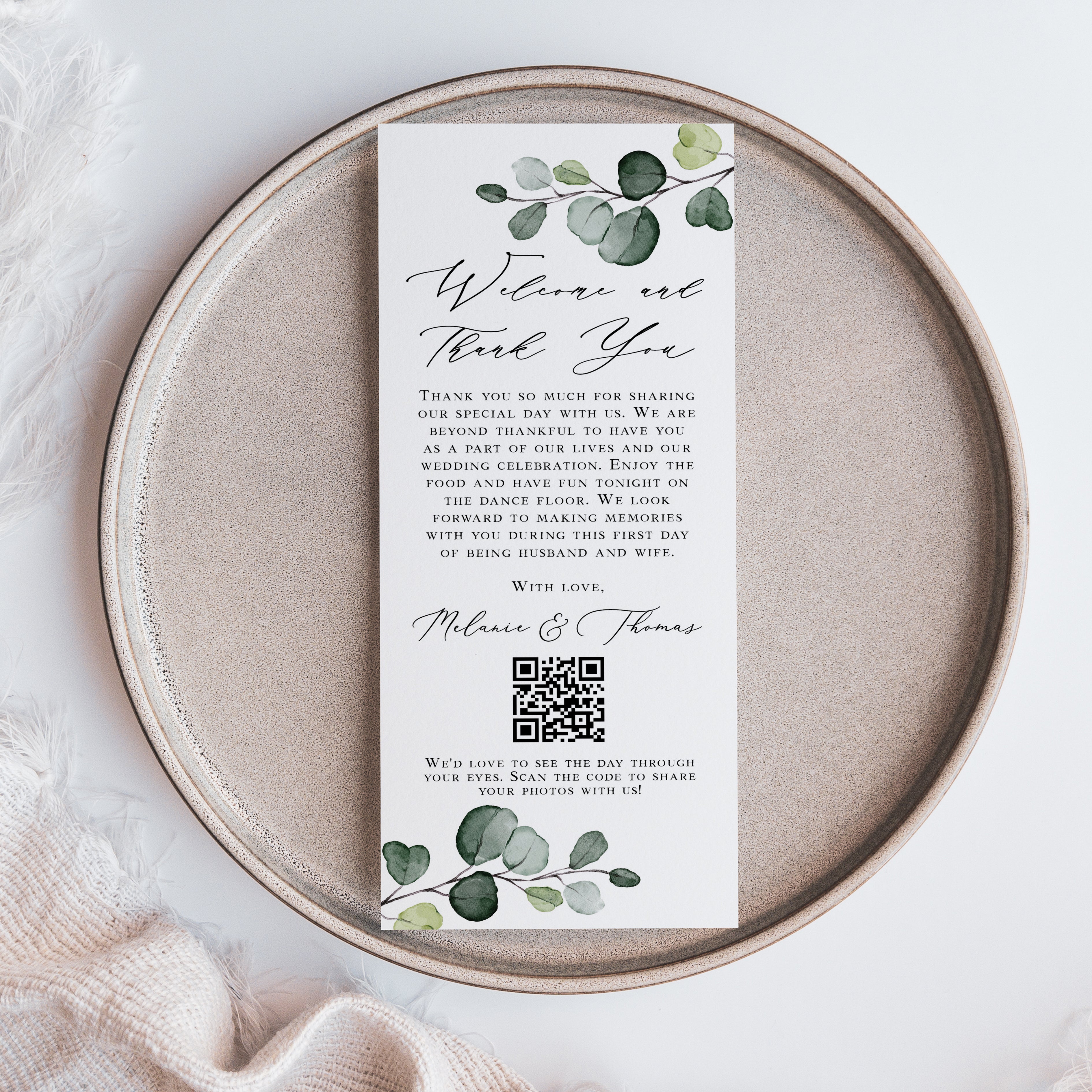 Make your guests feel truly welcomed and appreciated with these elegant wedding table thank you cards. Designed to sit beautifully at each place setting, these cards combine a heartfelt message with a photo sharing QR code so guests can easily upload their pictures from your special day and share the love.