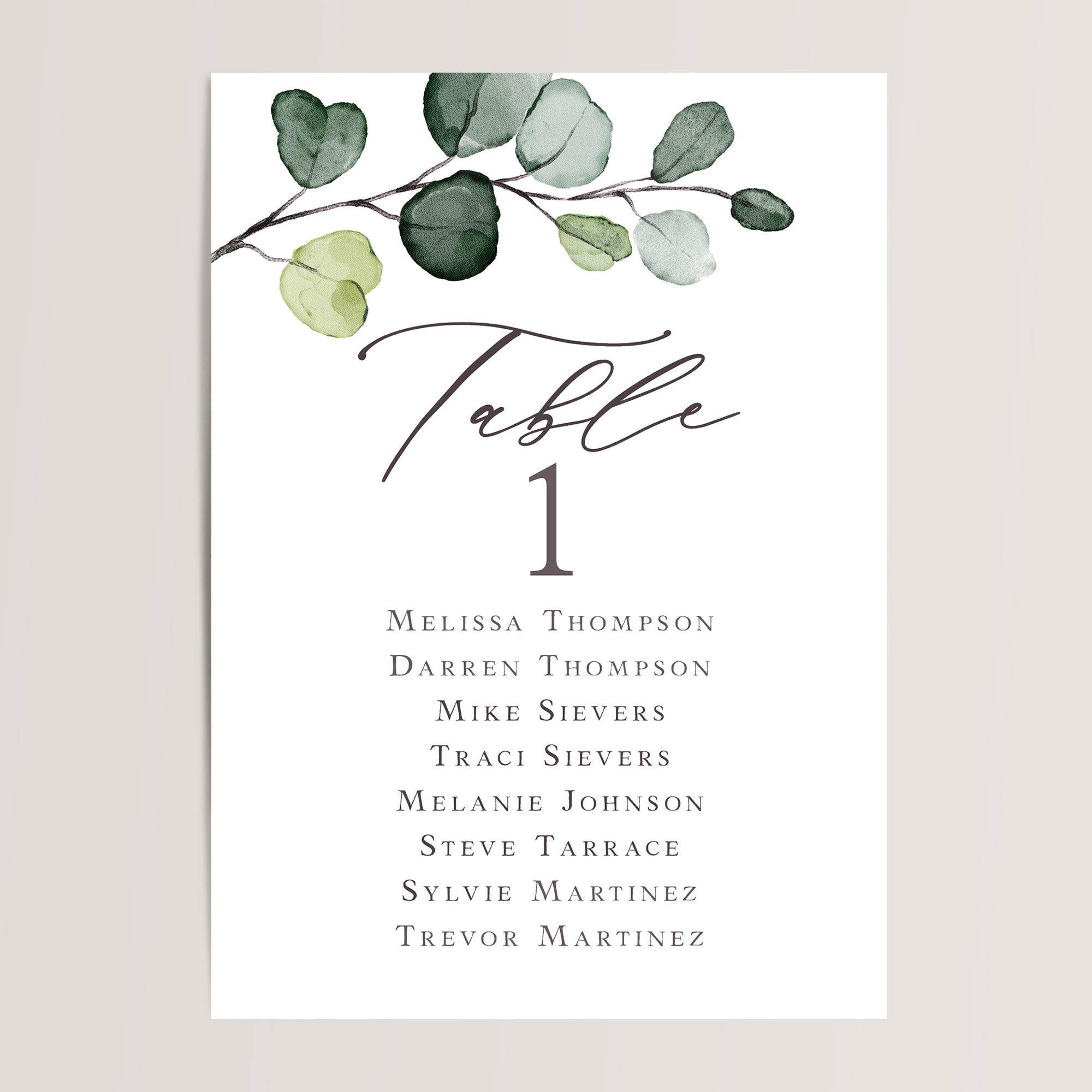 Printed eucalyptus wedding seating chart cards in x7 or 4x6 inches.