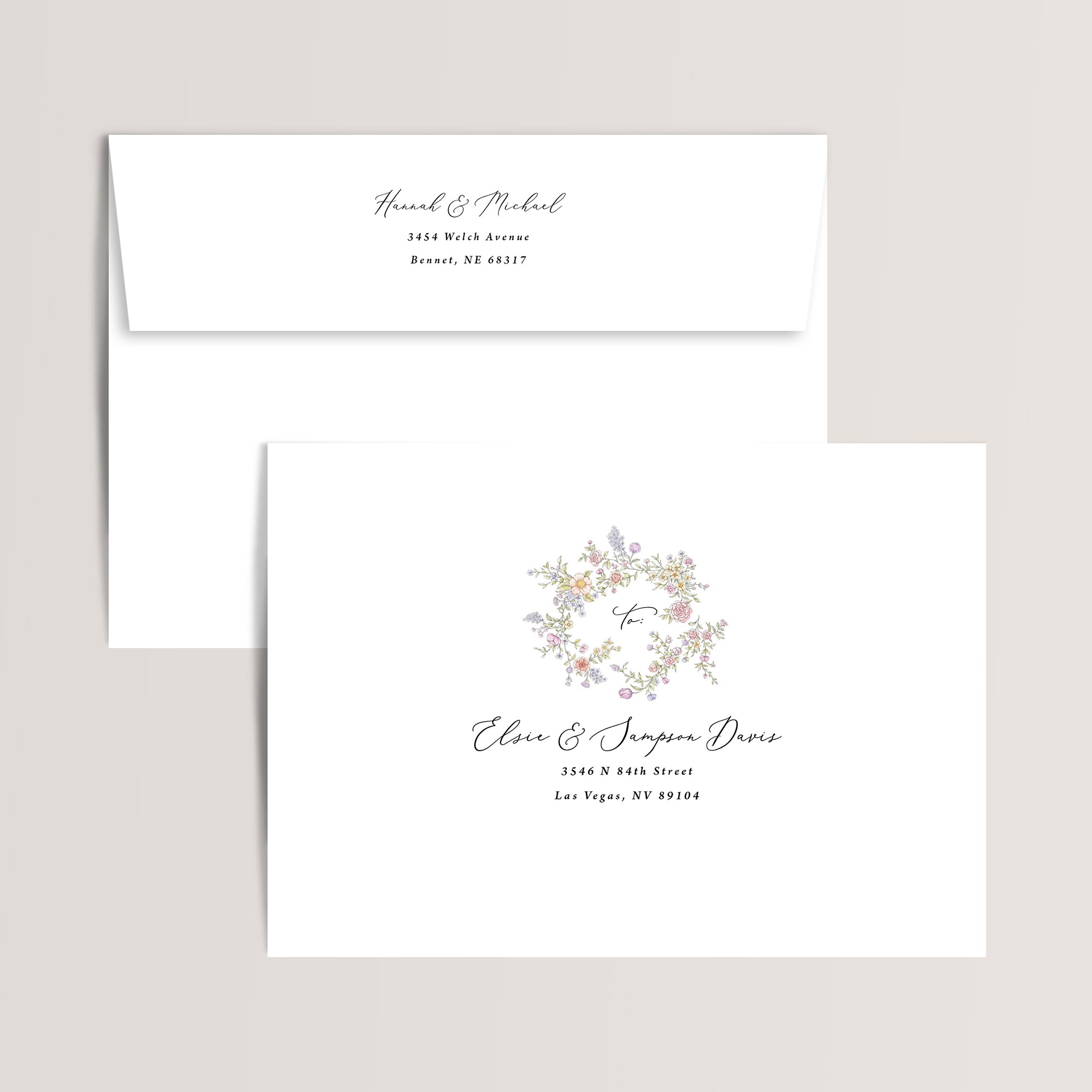 Garden party soft watercolor pastel floral envelope printing for your wedding invitations.