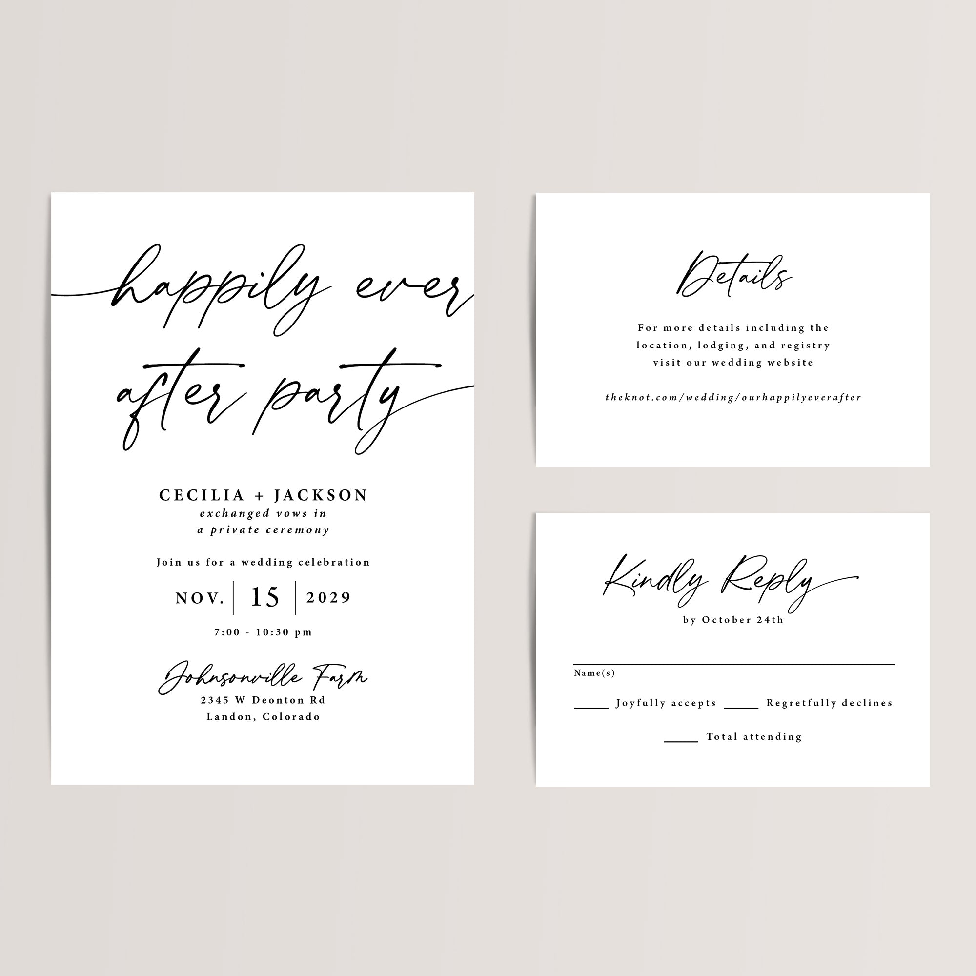 Happily Ever After Party Wedding Reception Invitation Suite
Celebrate your love in style with our Modern Minimalist Happily Ever After Reception Invitation Suite. Perfect for contemporary and elegant wedding parties, this affordable suite includes a reception invitation, RSVP card, and details card, all featuring a sleek neutral design with clean typography and understated sophistication.