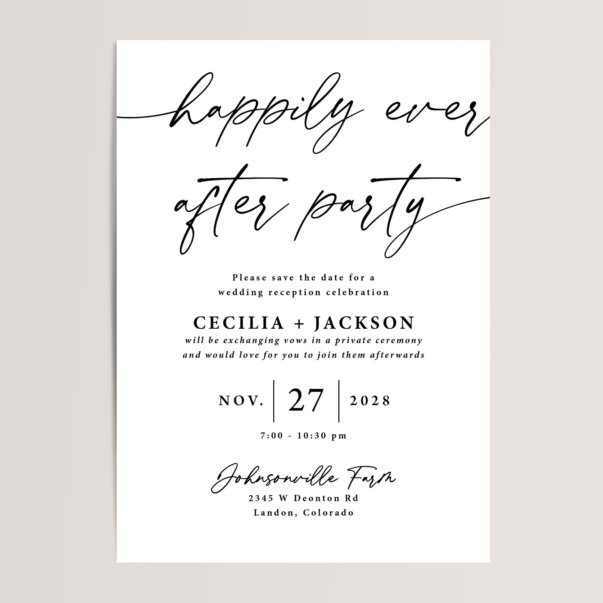 Wedding Reception Save the Date Card for Your Happily Ever After Party
An elegant way to announce your celebration. Featuring a beautiful design, this card provides all the essential details to ensure your guests save the date for your unforgettable reception.
