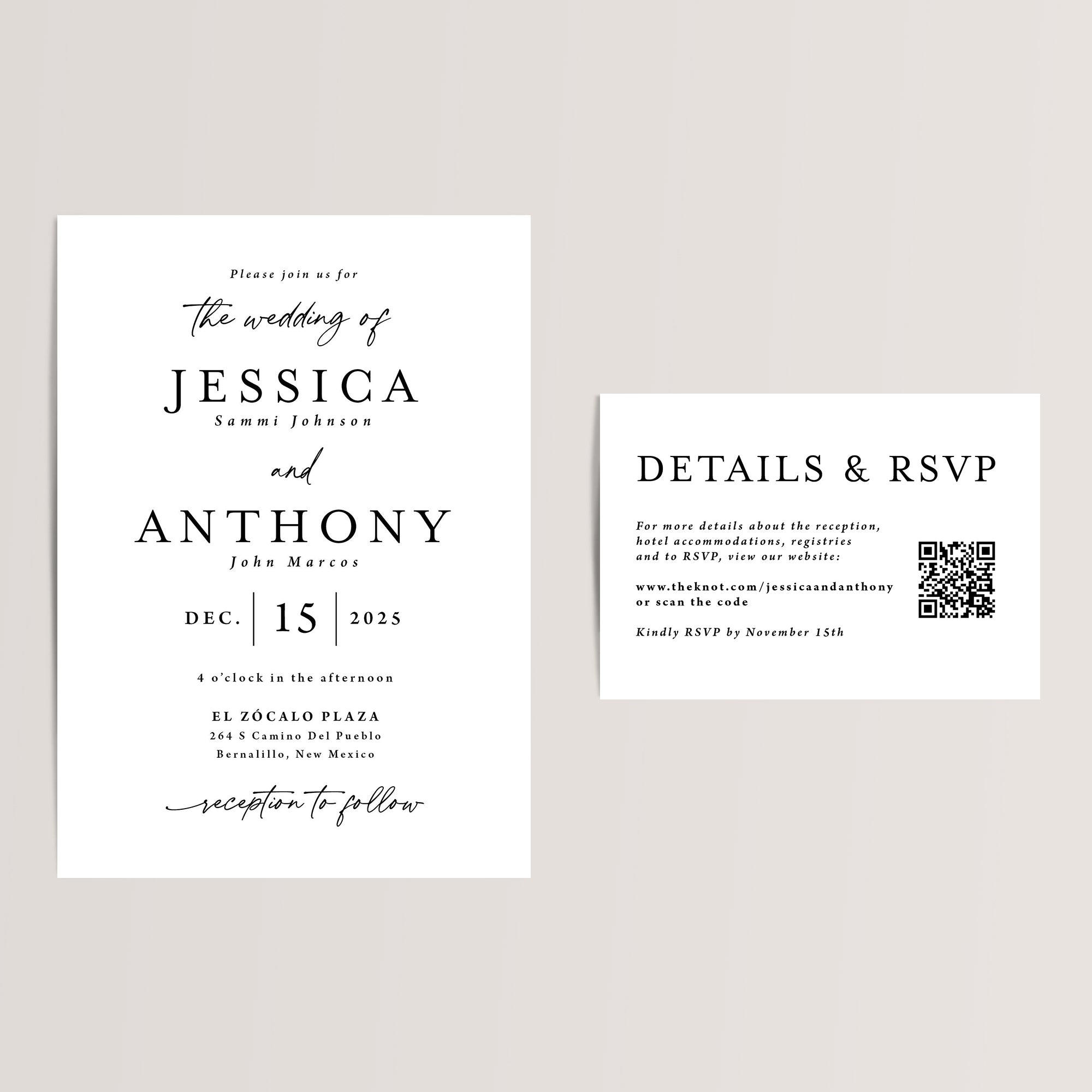 Simple Printed Wedding Invitation Suite with QR code RSVP card
Elegant and budget-friendly, our black-and-white wedding invitation suite is the perfect choice for contemporary, minimalist, or elegant weddings. Printed on smooth, thick cardstock, each RSVP/details card includes a scannable QR code to your wedding website for your guests’ convenience.
