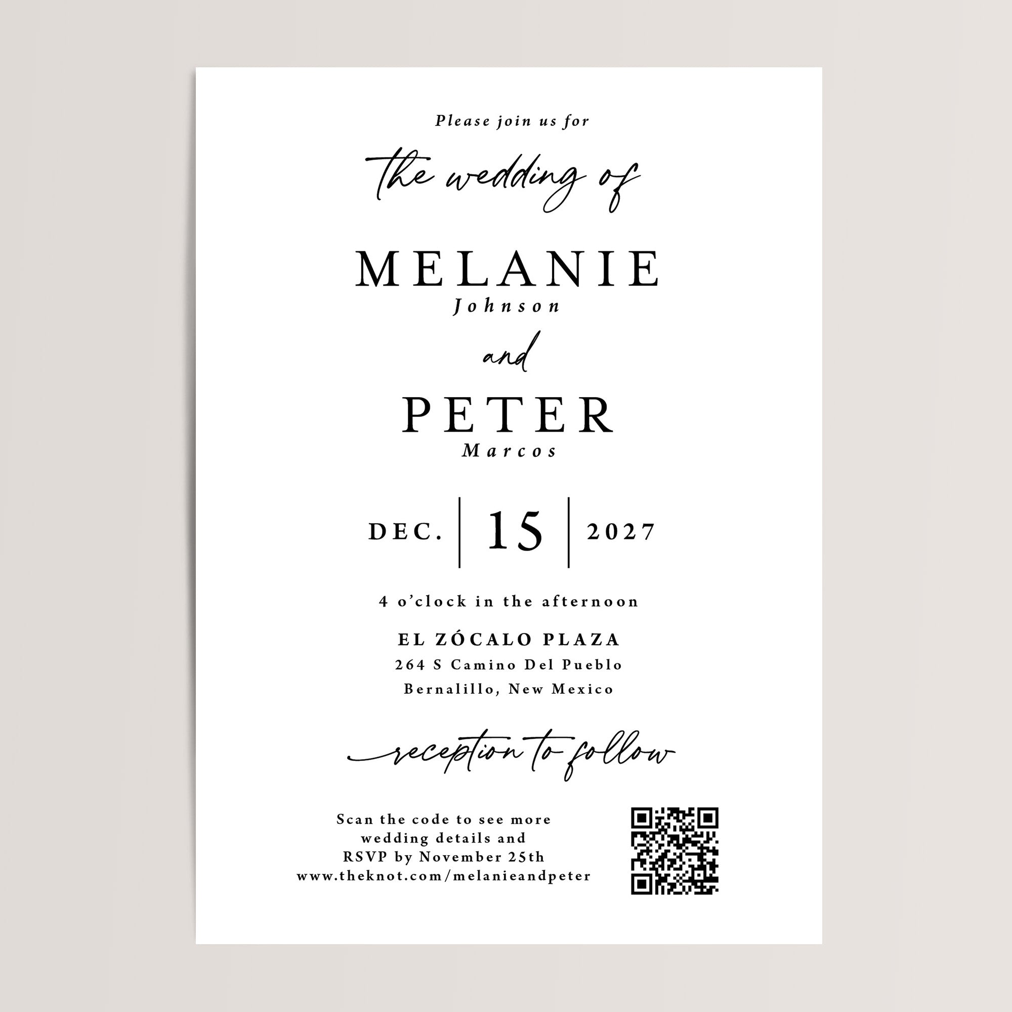 Minimalist Wedding Invitations with QR Code
Elegant and budget-friendly, these simple black and white wedding invitations feature a clean, modern design and include a QR code for easy guest RSVPs. Perfect for contemporary weddings, these all-in-one invitations offer both style and practicality, providing your guests with all the important details for your big day.