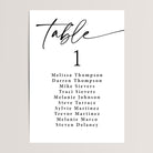 Black and White Seating Chart. Table is in a large script font, below is a large number in a serif font, and guests names listed in a serif font.