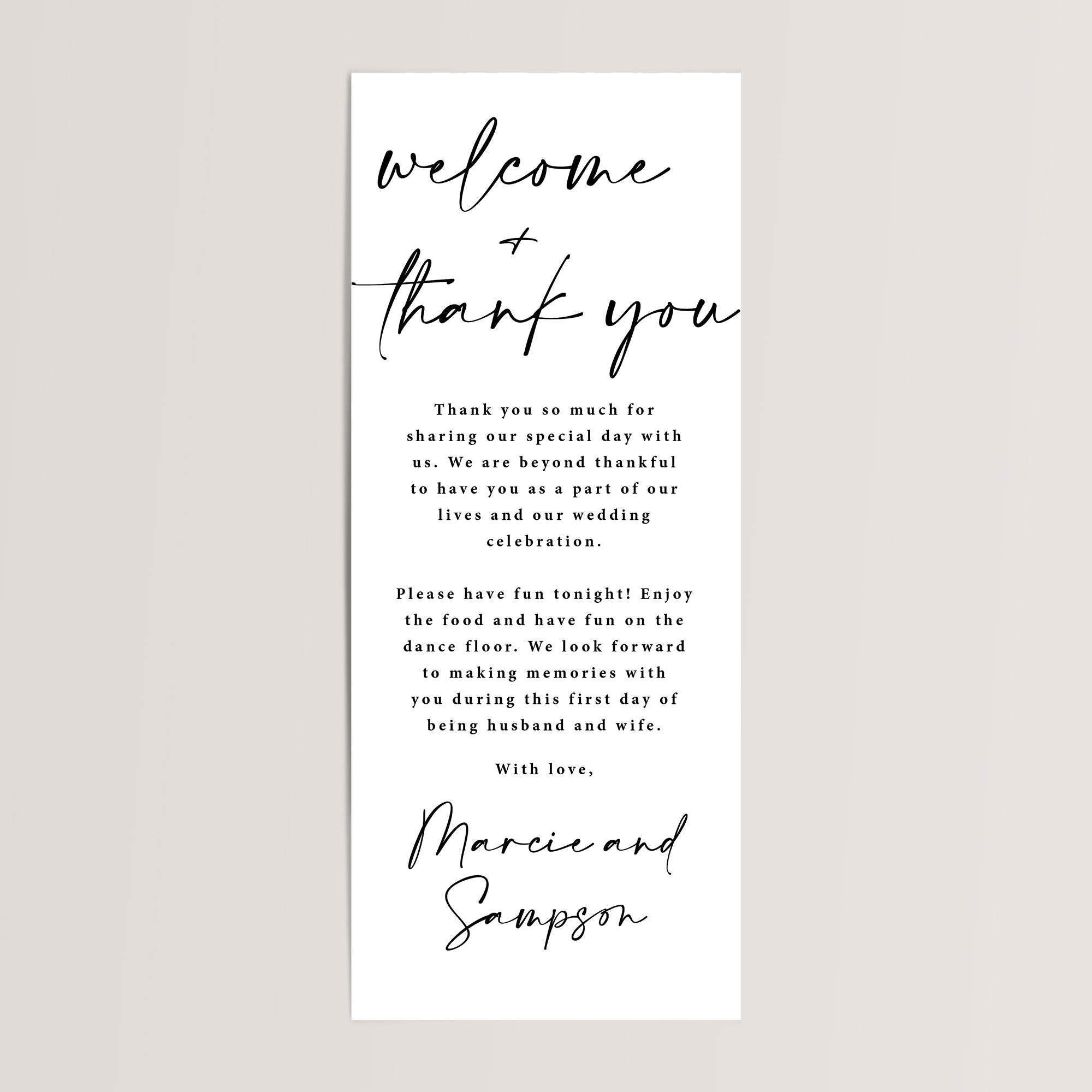Modern wedding table welcome and thank-you cards, printed on thick cardstock in classic black and white with a beautiful modern script font. Personalize the message and names, or keep the wording as shown — perfectly designed to add an elegant touch to your wedding reception tables.