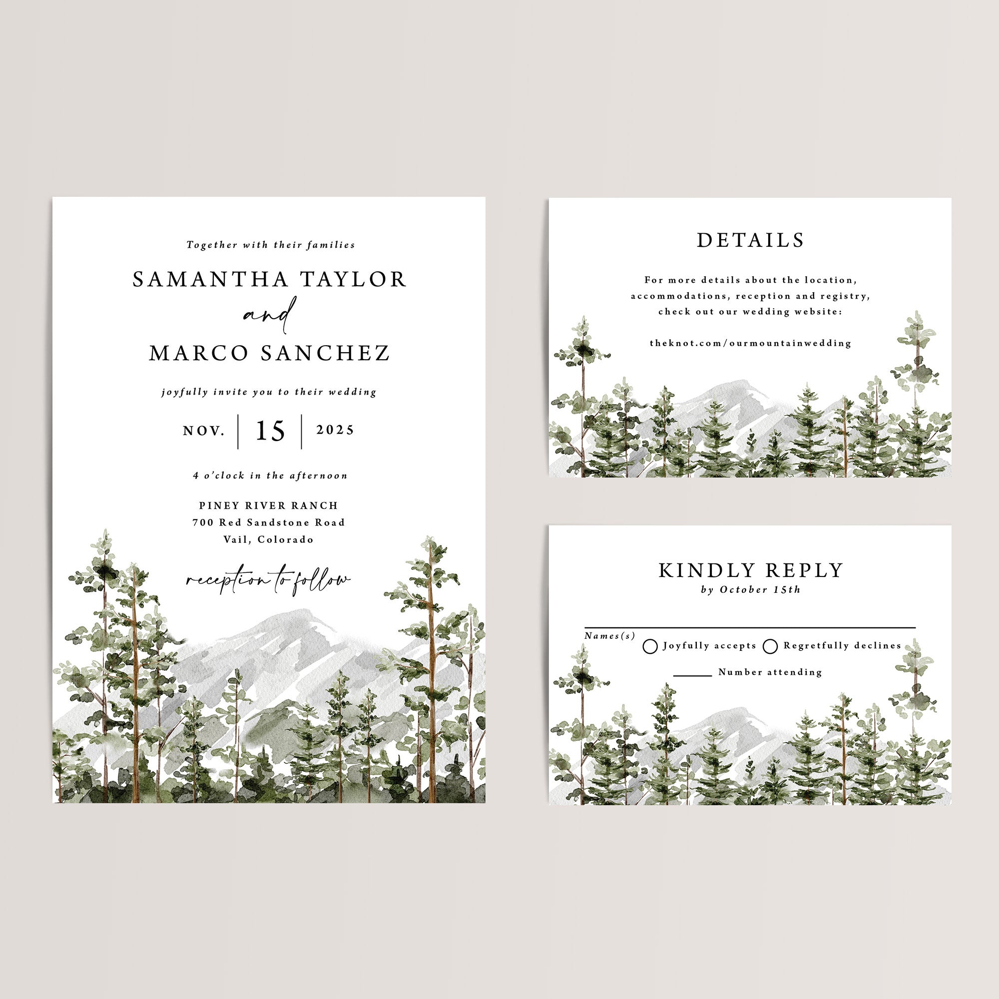Mountain Wedding Invitation Suite
Celebrate the beauty of nature with our Mountain Forest Wedding Invitation Suite. Perfect for rustic, mountain, or outdoor weddings, this affordable suite includes a wedding invitation, RSVP card, and details card, all adorned with a stunning forest of trees and majestic mountain views.