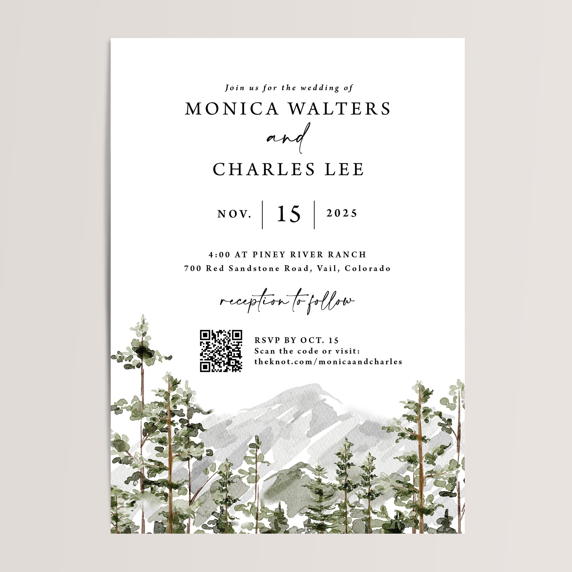 Mountain Wedding Invitations with QR Code
Elegant and budget-friendly, these nature-inspired wedding invitations feature a serene mountain and forest design and include a QR code for easy guest RSVPs. Perfect for rustic forest or outdoor weddings, these all-in-one invitations combine style and practicality, providing your guests with all the important details for your big day.