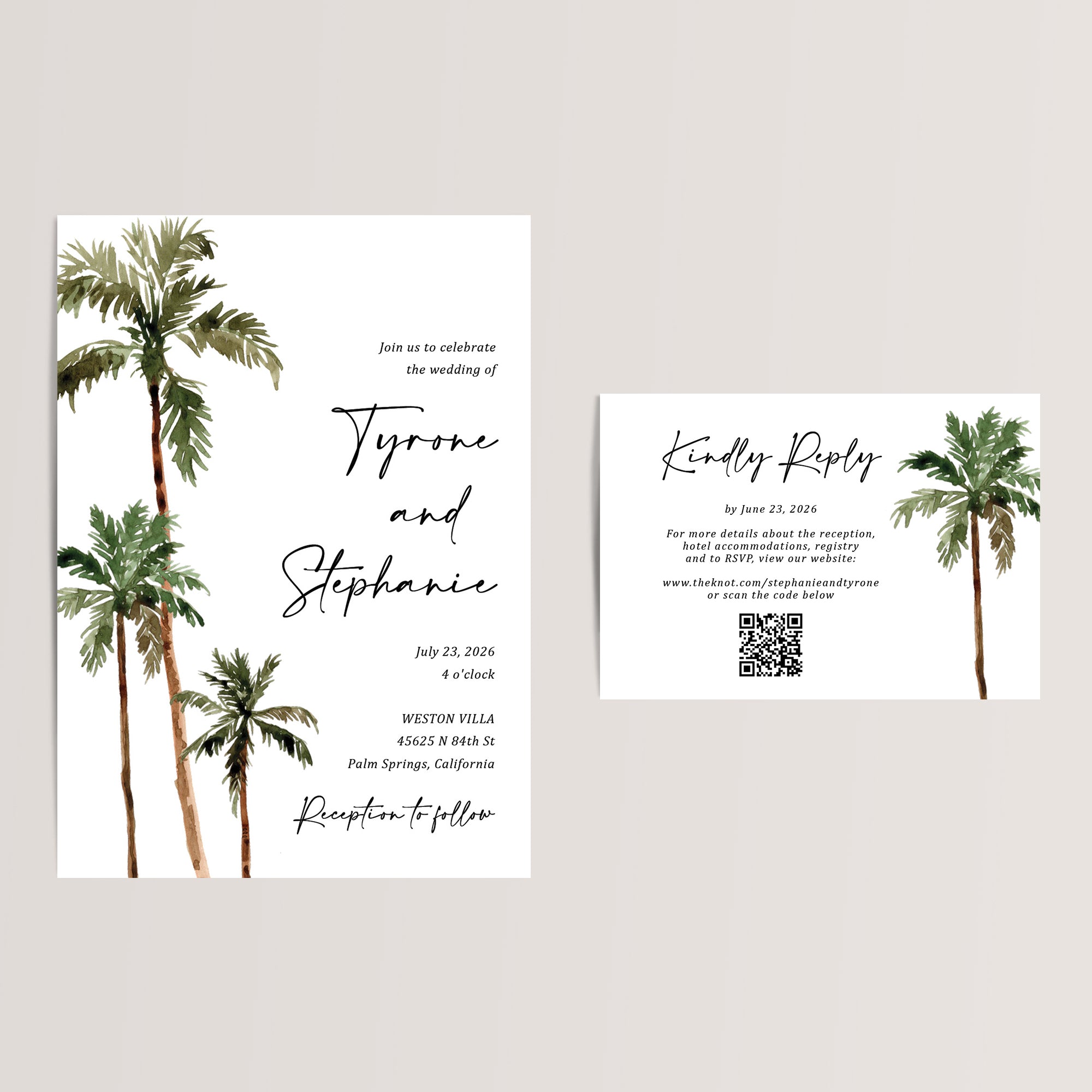 Tropical Palm Tree Wedding Invitation Suite with QR Code RSVP and Details Card
Elegant and budget-friendly, our palm tree-themed wedding invitation suite is the perfect choice for your tropical or destination wedding. Printed on smooth, thick cardstock, each RSVP/details card features a scannable QR code for easy access to your wedding website, ensuring your guests have all the important wedding details at their fingertips.