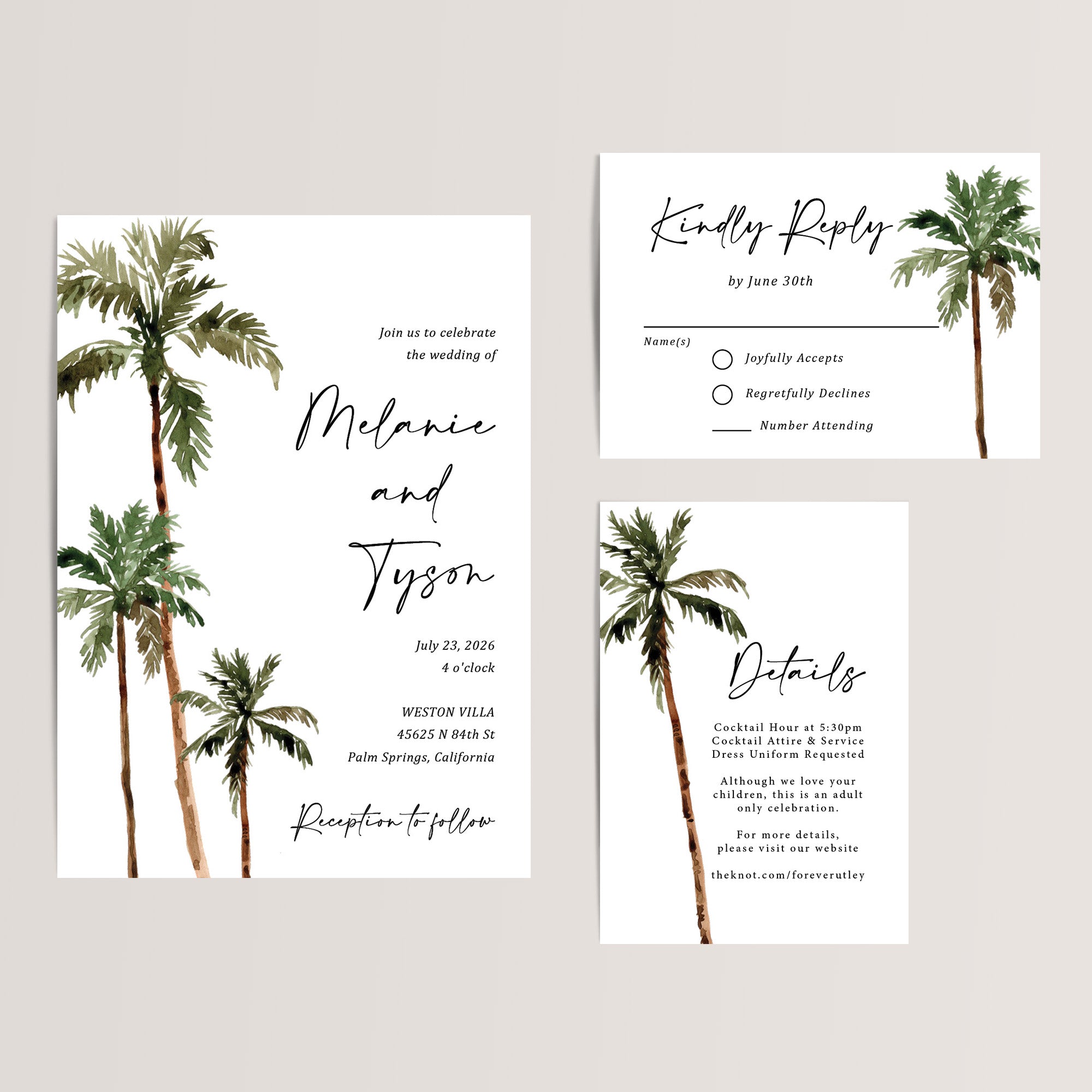 Tropical Palm Tree Wedding Invitation Suite
Bring the beauty of a tropical paradise to your big day with our Palm Tree Wedding Invitation Suite. Perfect for destination or beach weddings, this affordable suite includes a wedding invitation, RSVP card, and details card, all designed with a stunning palm tree motif.