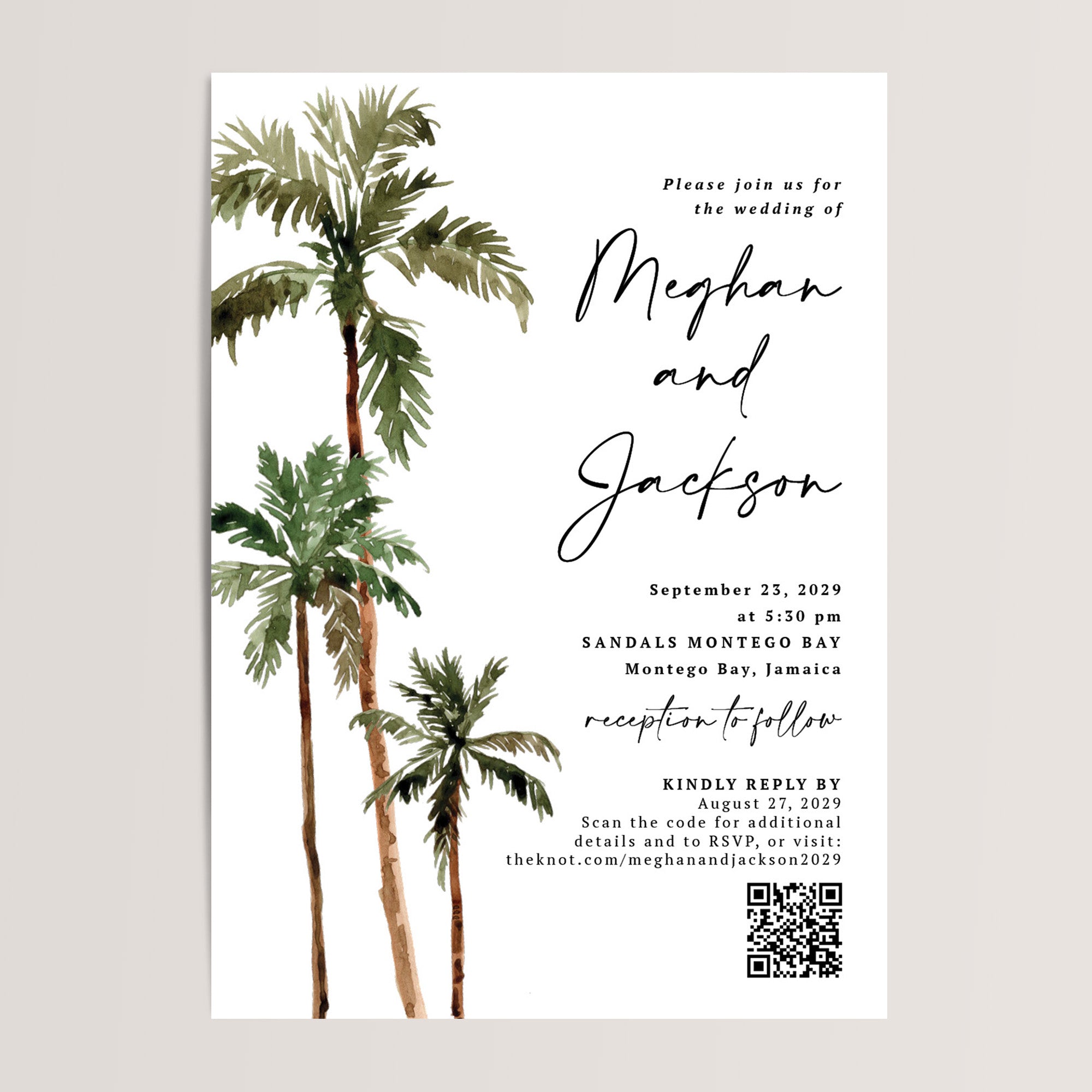 Tropical Wedding Invitations with QR Code – Perfect for Destination Weddings
These budget-friendly tropical wedding invitations feature stunning watercolor palm trees and include a QR code for your guests to easily RSVP. Ideal for destination and tropical weddings, these all-in-one invitations provide convenience and beauty, ensuring your guests have all the details they need for your special day.