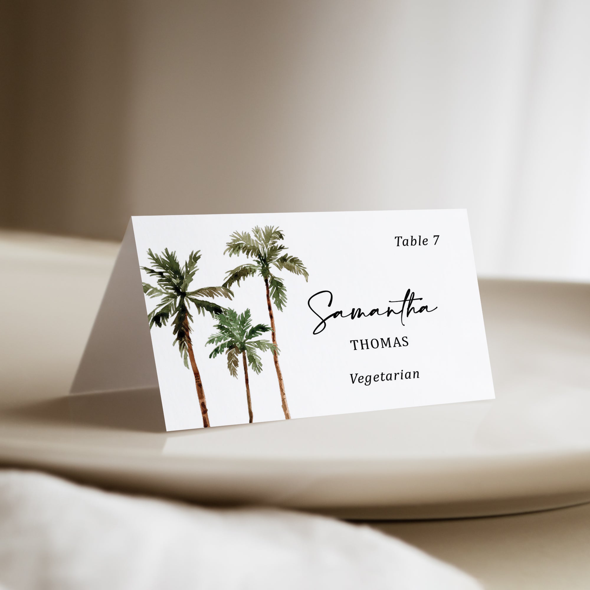Palm tree tropical wedding place card with meal choice that are personalized and printed for you.