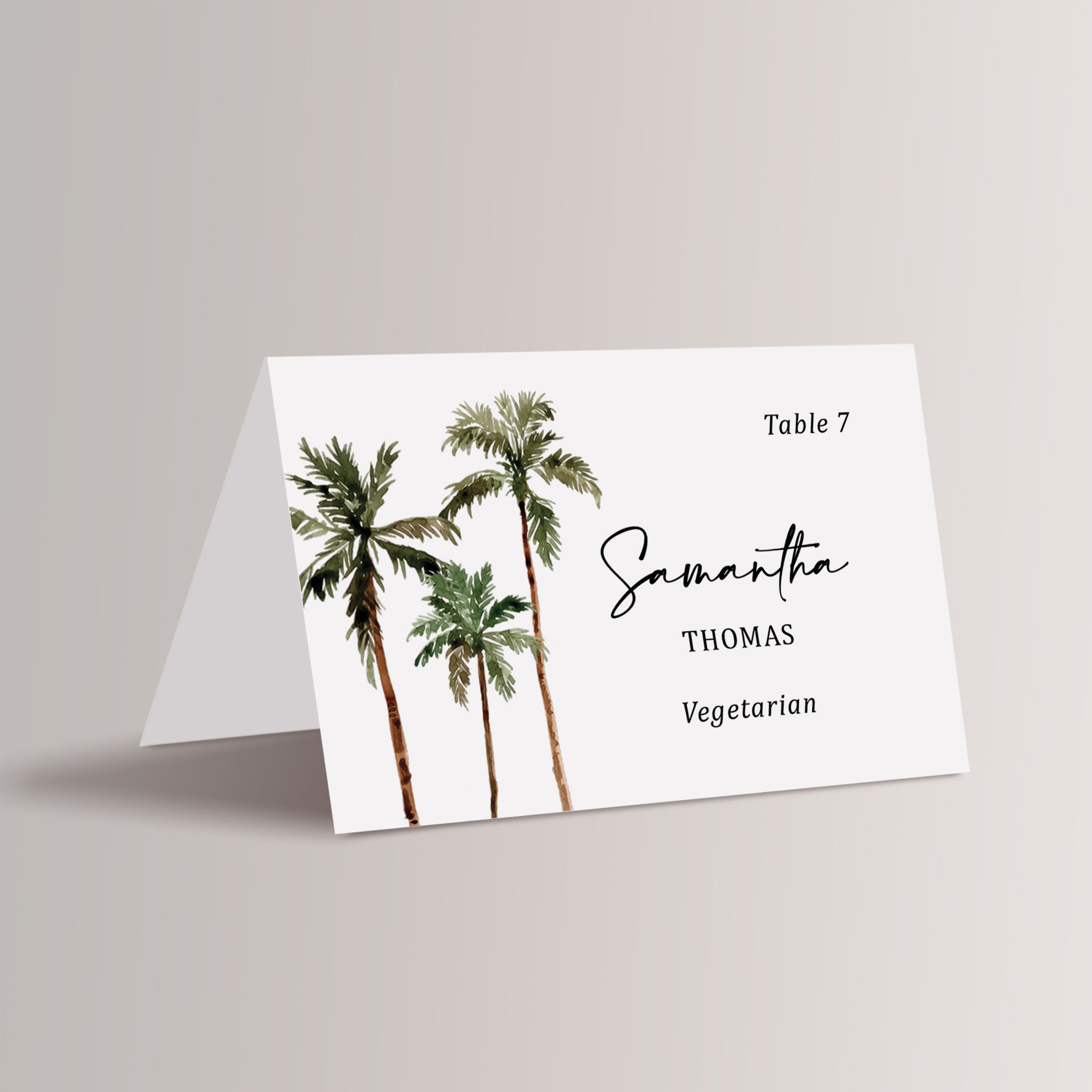 Personalized palm tree destination wedding place cards that are printed for you.
