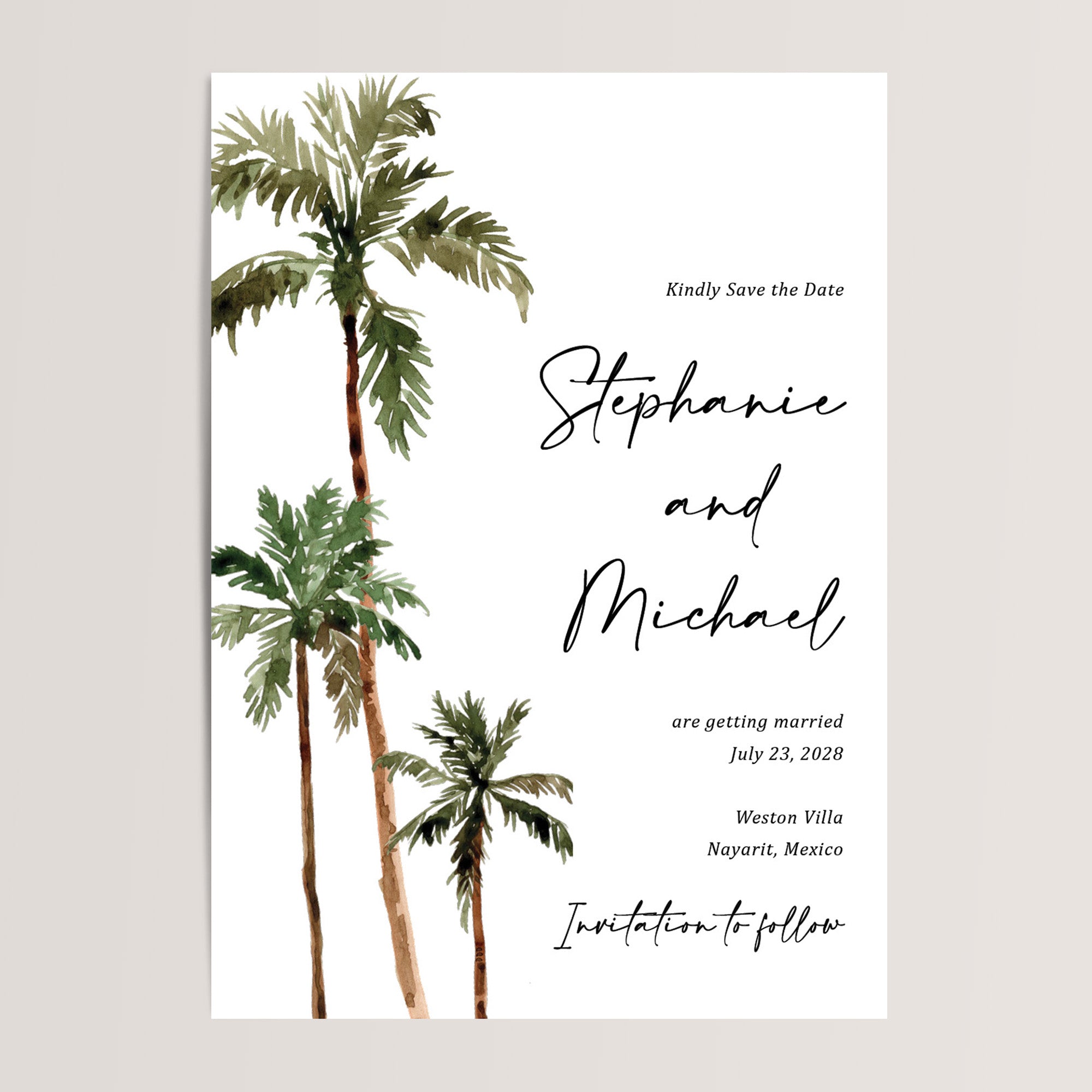 Tropical Palm Tree Wedding Save the Date Cards
Ideal for your destination wedding in Hawaii or Mexico. Featuring a vibrant, tropical design, these cards are the perfect way to announce your upcoming celebration in paradise.