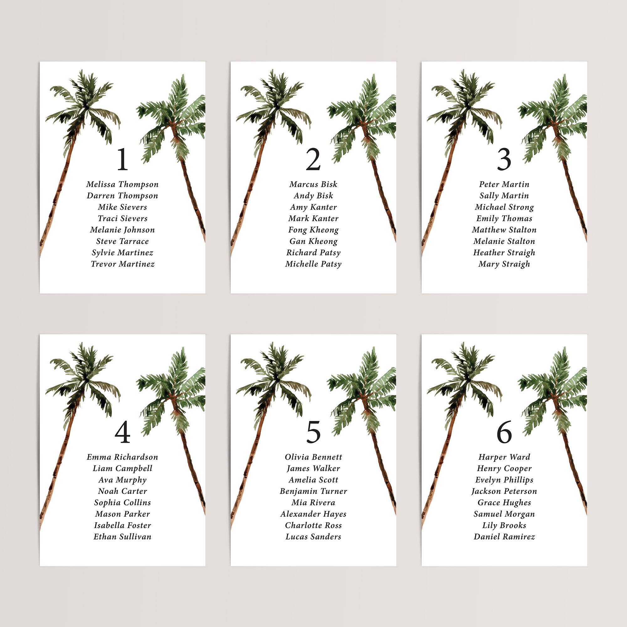 Simple wedding seating chart cards with watercolor palm trees that are printed for you on nice, thick card stock These table seating arrangement signs are perfect tropical destionation wedding reception decor.