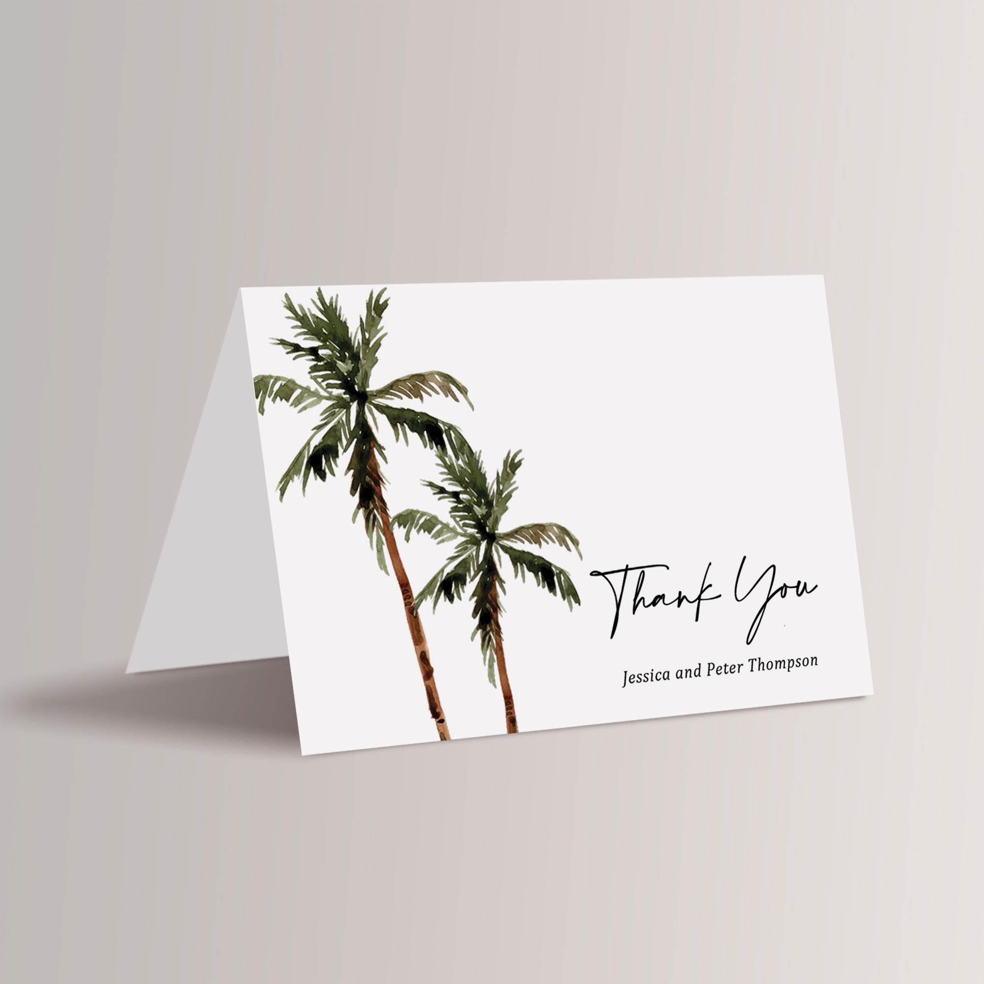 Tropical Wedding Palm Tree Thank You Cards
Tropical palm tree wedding thank you cards that are personalized with your names. They are the perfect way to express your gratitude for your beach or destination wedding. Featuring a vibrant palm tree design, these cards add a touch of paradise to your thank you notes.