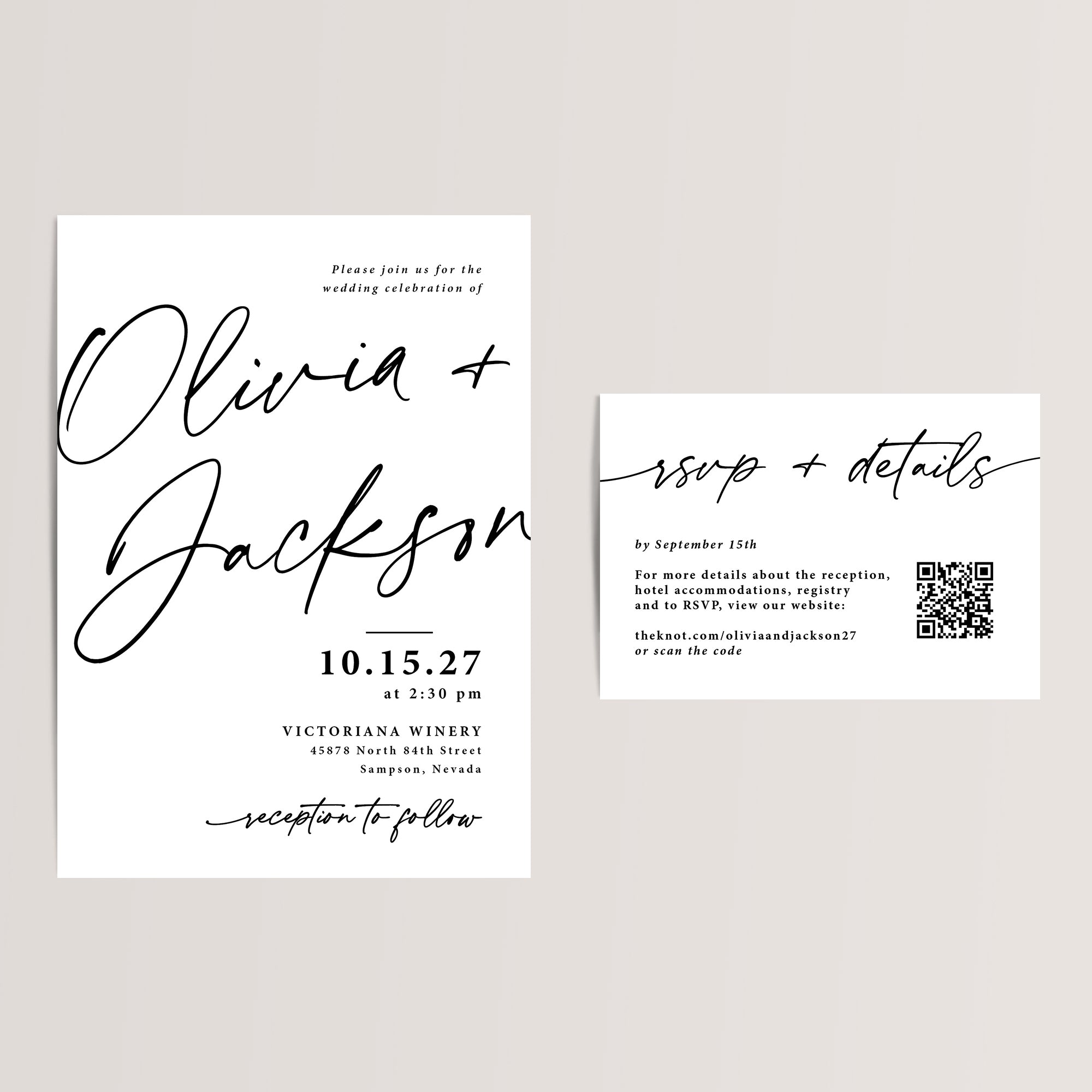 Simple Black and White Wedding Invitation Suite with QR Code RSVP Card
Sophisticated and budget-friendly, our black-and-white wedding invitation suite is the ideal choice for a modern, minimalist, or elegant wedding. Printed on smooth, high-quality cardstock, each RSVP/details card features a scannable QR code, allowing your guests easy access to your wedding website for all the essential details and they can RSVP there too