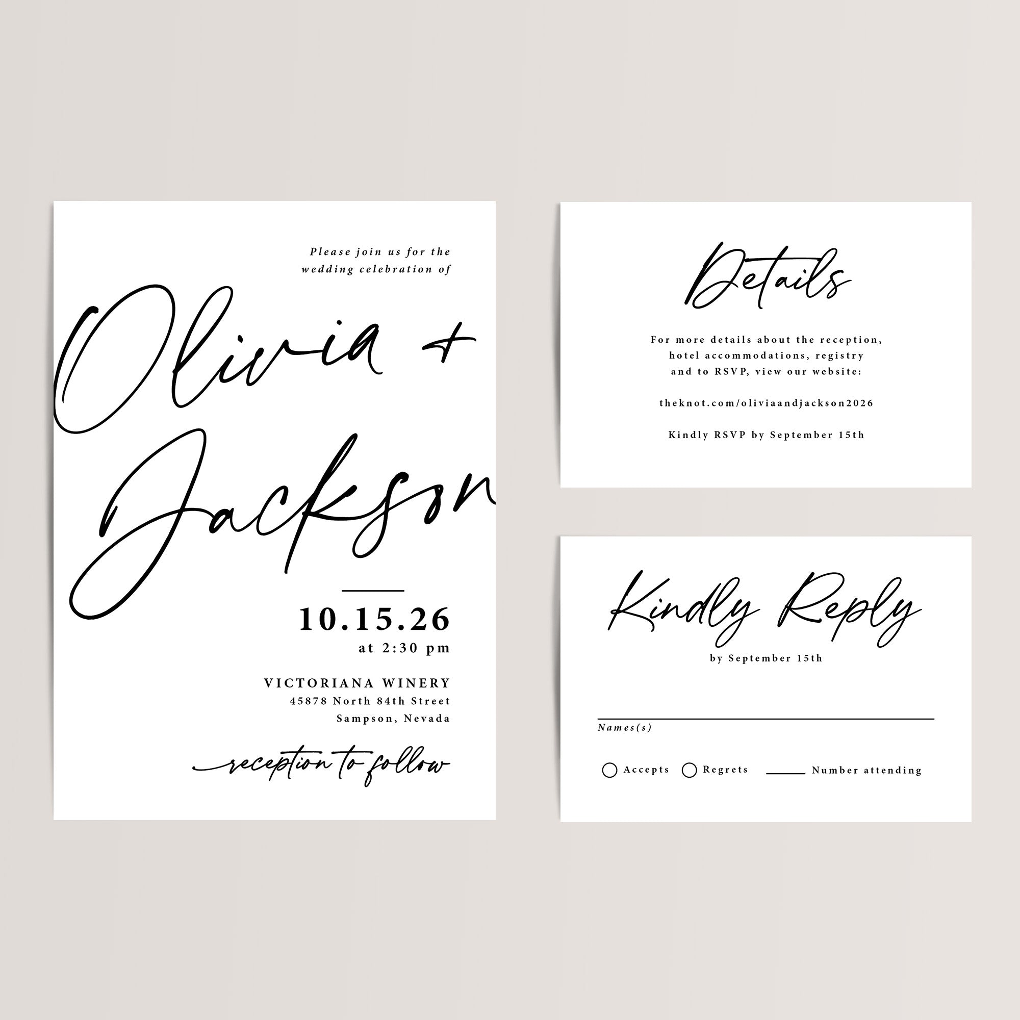 Modern Minimalist Black and White Wedding Invitation Suite
Make a bold statement with our Modern Minimalist Wedding Invitation Suite. Perfect for contemporary and chic celebrations, this affordable suite includes a wedding invitation, RSVP card, and details card, all featuring a sleek black-and-white design with clean typography and understated elegance.