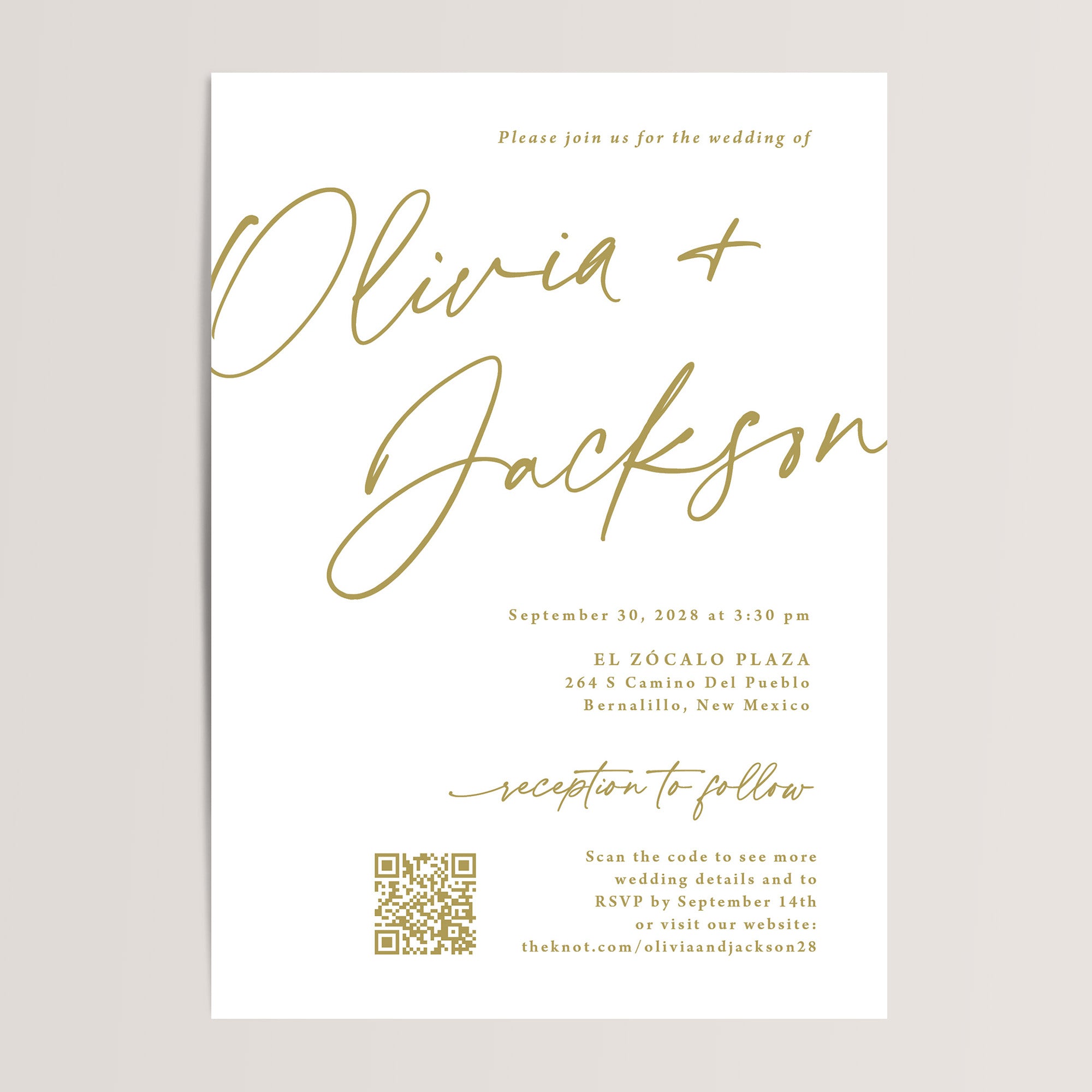 Gold Wedding Invitations with QR Code
These budget-friendly minimalist wedding invitations feature a sleek gold and white design, with a convenient QR code for your guests to easily RSVP. Ideal for modern weddings, these all-in-one invitations combine elegance and simplicity, ensuring your guests have all the essential details for your special day.