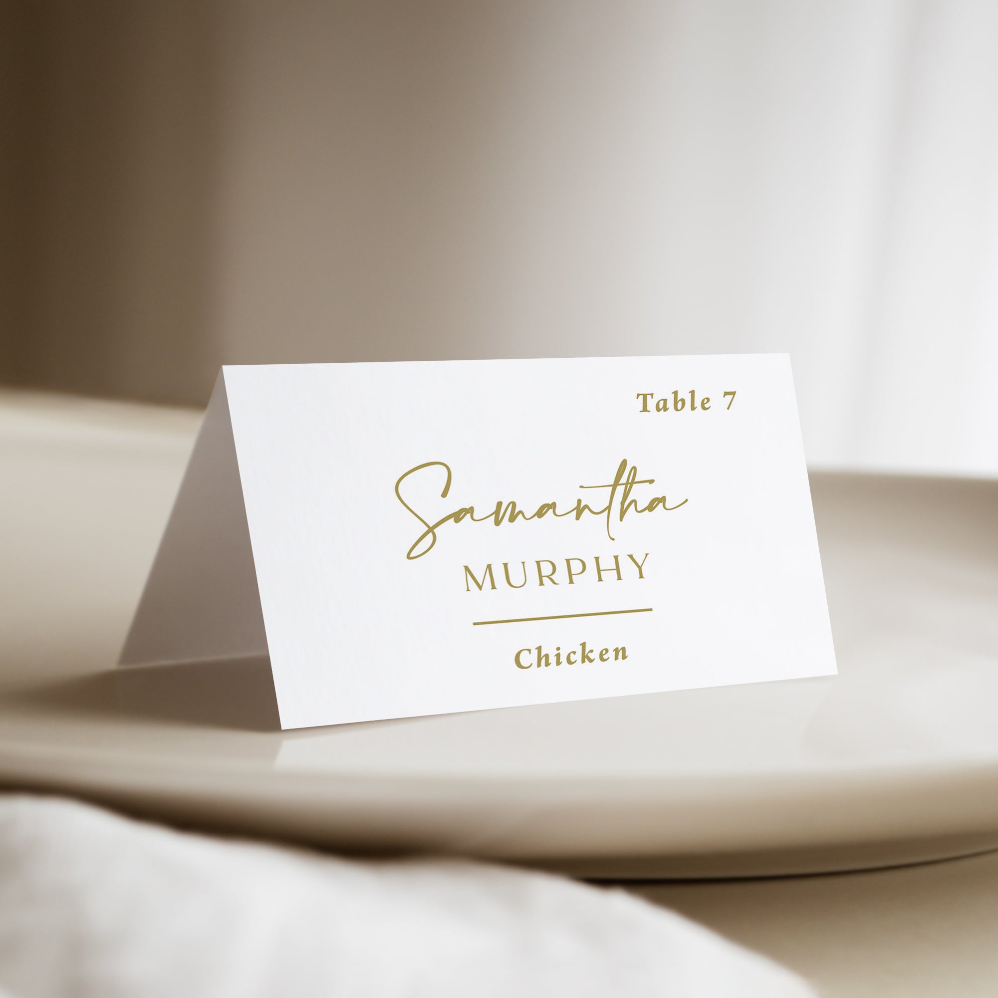 Gold wedding place card that are personalized and printed for you.