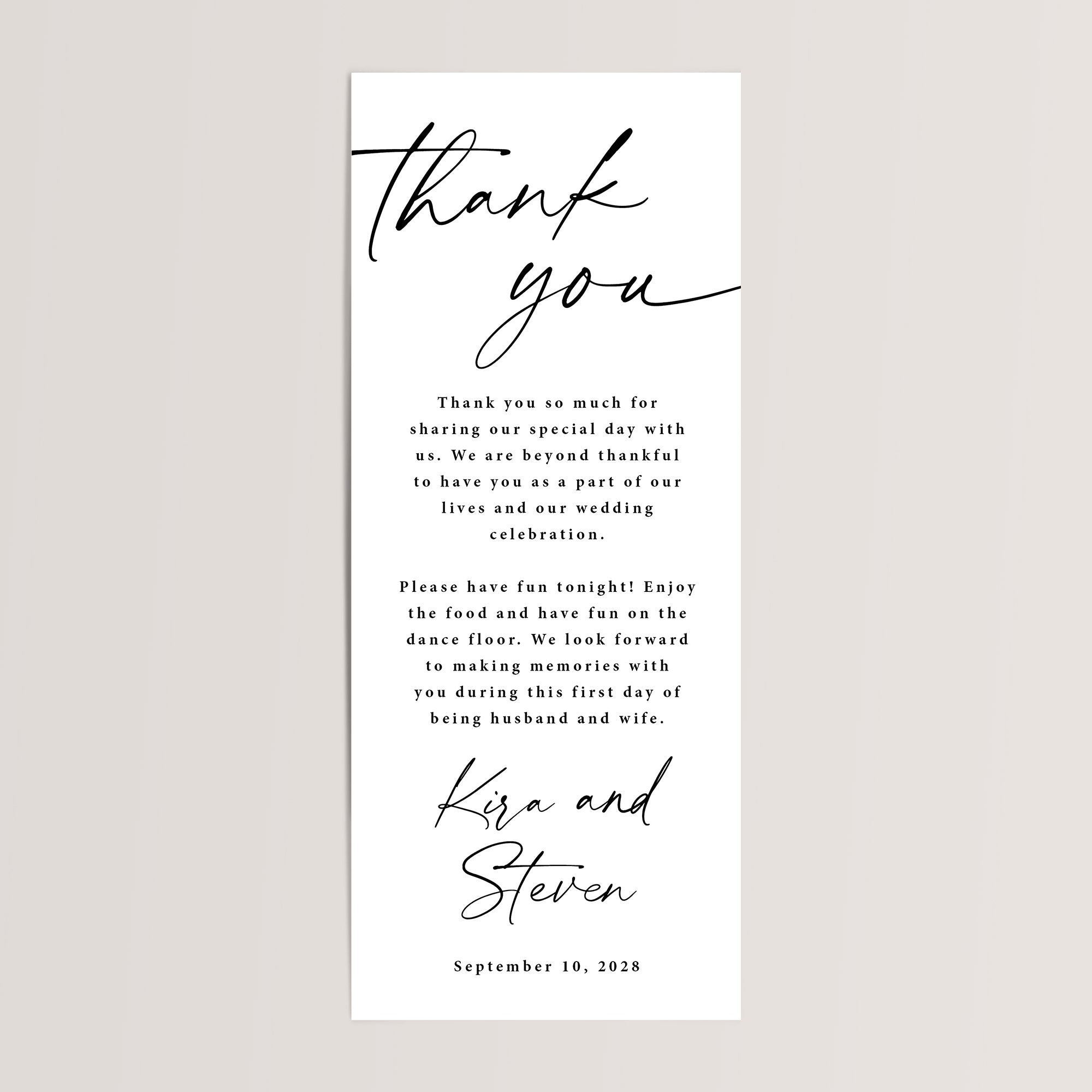 Simple wedding table welcome and thank-you cards, printed on thick cardstock in classic black and white with a beautiful modern script font. Personalize the message and names, or keep the wording as shown — perfectly designed to add an elegant touch to your wedding reception tables.