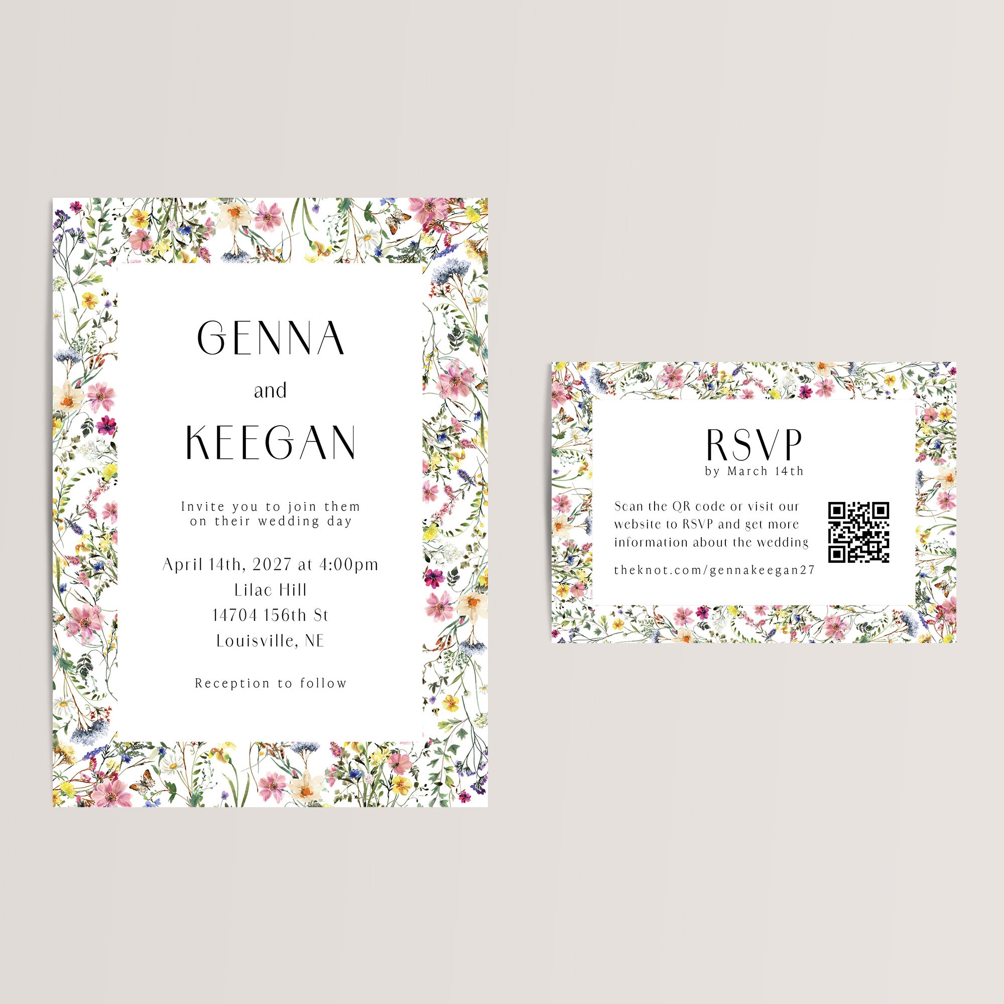 Elegant and budget-friendly, our wedding invitation suite features a charming bright wildflower design, perfect for your spring or summer celebration. Printed on smooth, high-quality cardstock, each RSVP/details card includes a scannable QR code, making it easy for your guests to access your wedding website for all the important details and to RSVP effortlessly.