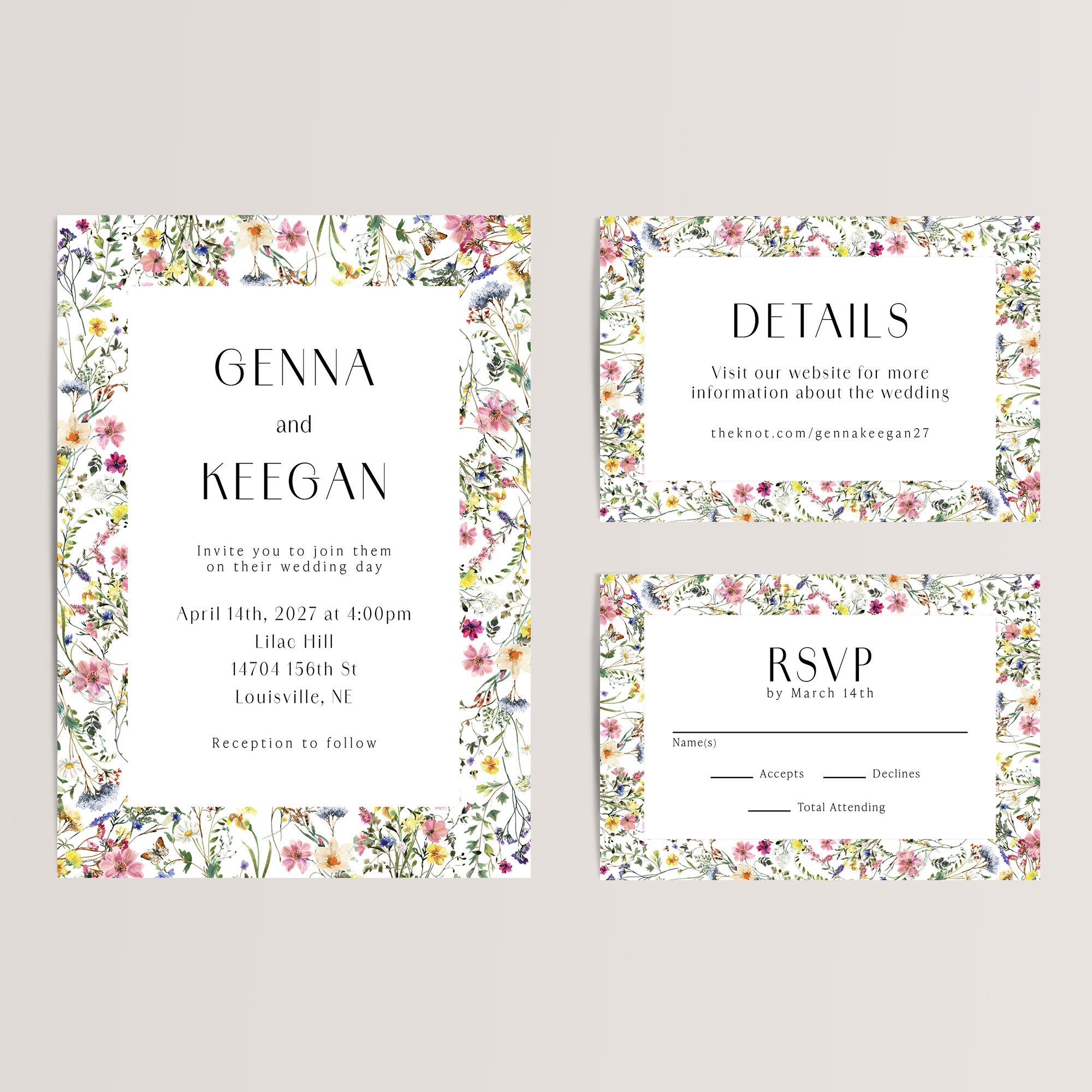 Celebrate the beauty of nature with our Wildflower Wedding Invitation Suite. Perfect for rustic, outdoor spring or summer weddings, this affordable suite includes a wedding invitation, RSVP card, and details card, all adorned with delicate wildflowers and soft botanical accents.