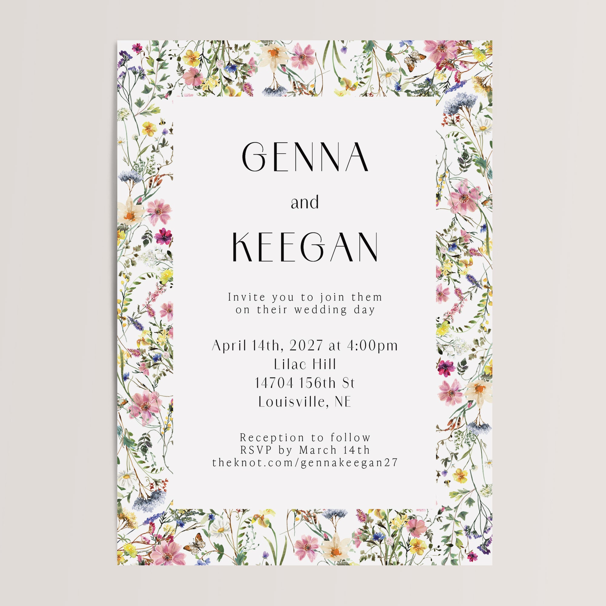 These elegant wedding invitations feature a delicate wildflower design. Perfect for a spring or summer wedding, they offer a timeless balance of simplicity and charm. Guests can conveniently RSVP on your wedding website, ensuring an effortless and stress-free experience for your big day.