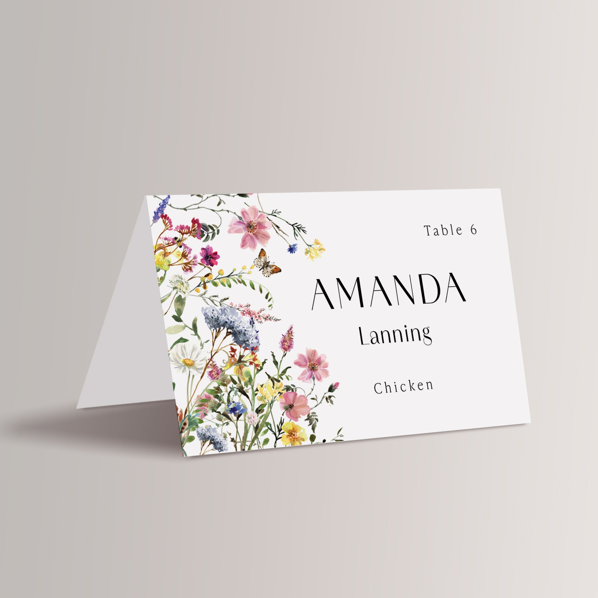 Bring a touch of natural beauty to your spring or summer wedding with our personalized wildflower place cards with meal choice. Featuring delicate floral illustrations and an elegant script font, these charming name cards perfectly complement a garden, outdoor, or rustic wedding. Not only do they guide your guests to their seats, but they also add a romantic, floral touch to your wedding reception décor.