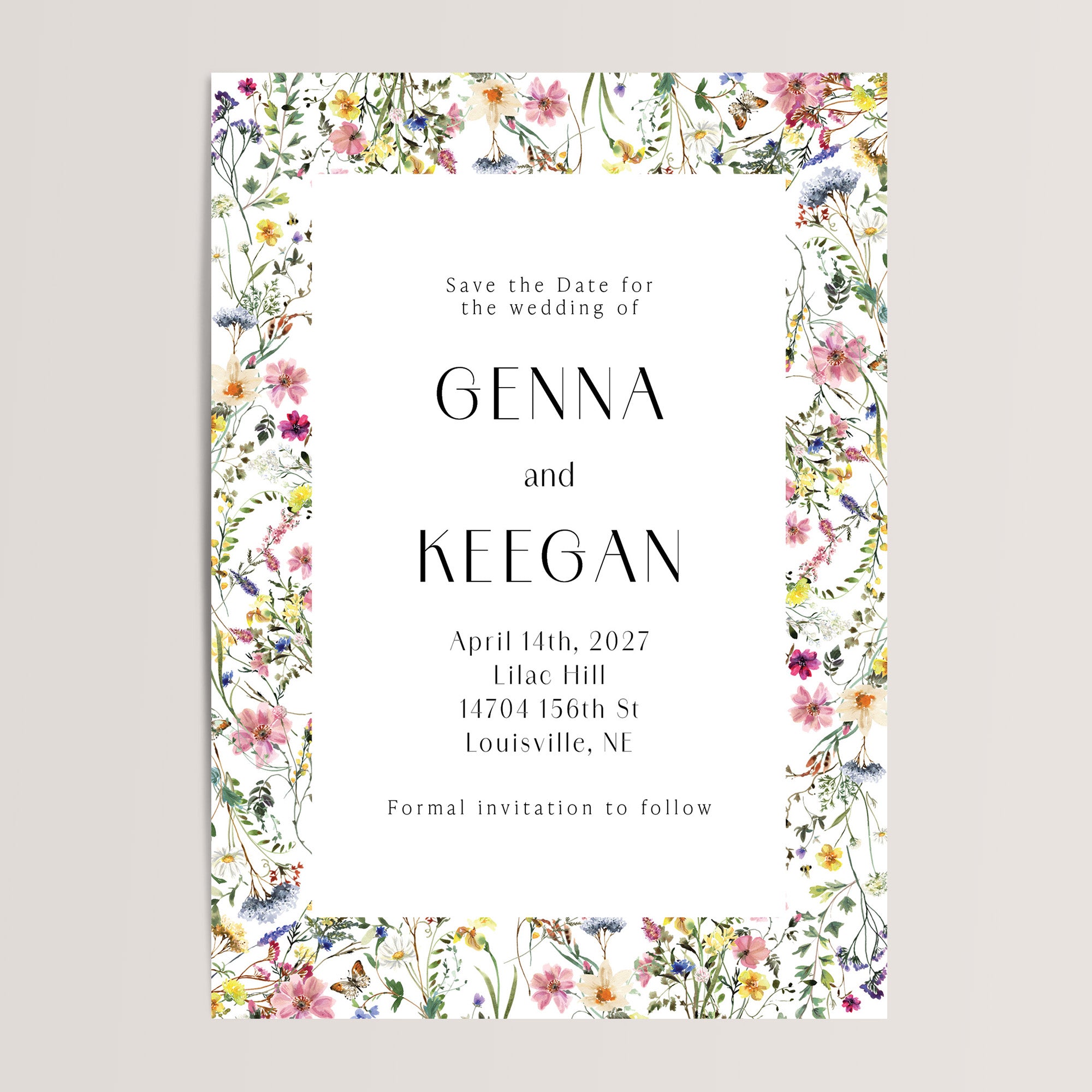 Perfect save the dates for a romantic spring or summer wedding surrounded by blooming wildflowers. Featuring a whimsical and elegant design with delicate floral illustrations, these cards set the tone for your beautiful garden, outdoor, or rustic celebration.