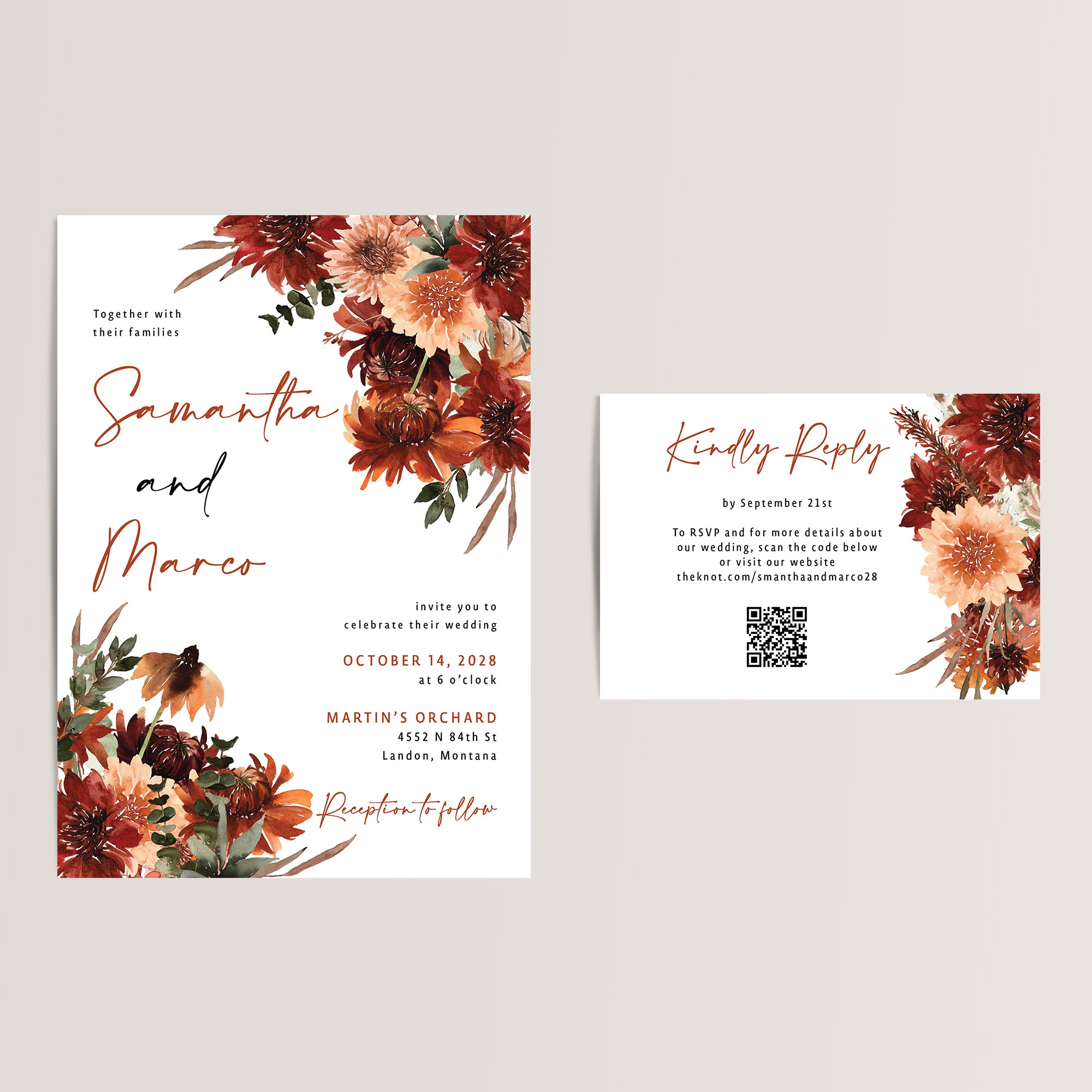 Boho Terracotta Wedding Invitation Suite with QR Code RSVP and Details Card
Elegant and budget-friendly, our boho terracotta wedding invitation suite featuring fall florals is the perfect choice for your autumn celebration. Printed on smooth, thick cardstock, each RSVP/details card includes a scannable QR code for easy access to your wedding website, ensuring your guests have all the important details at their fingertips and can RSVP there too.