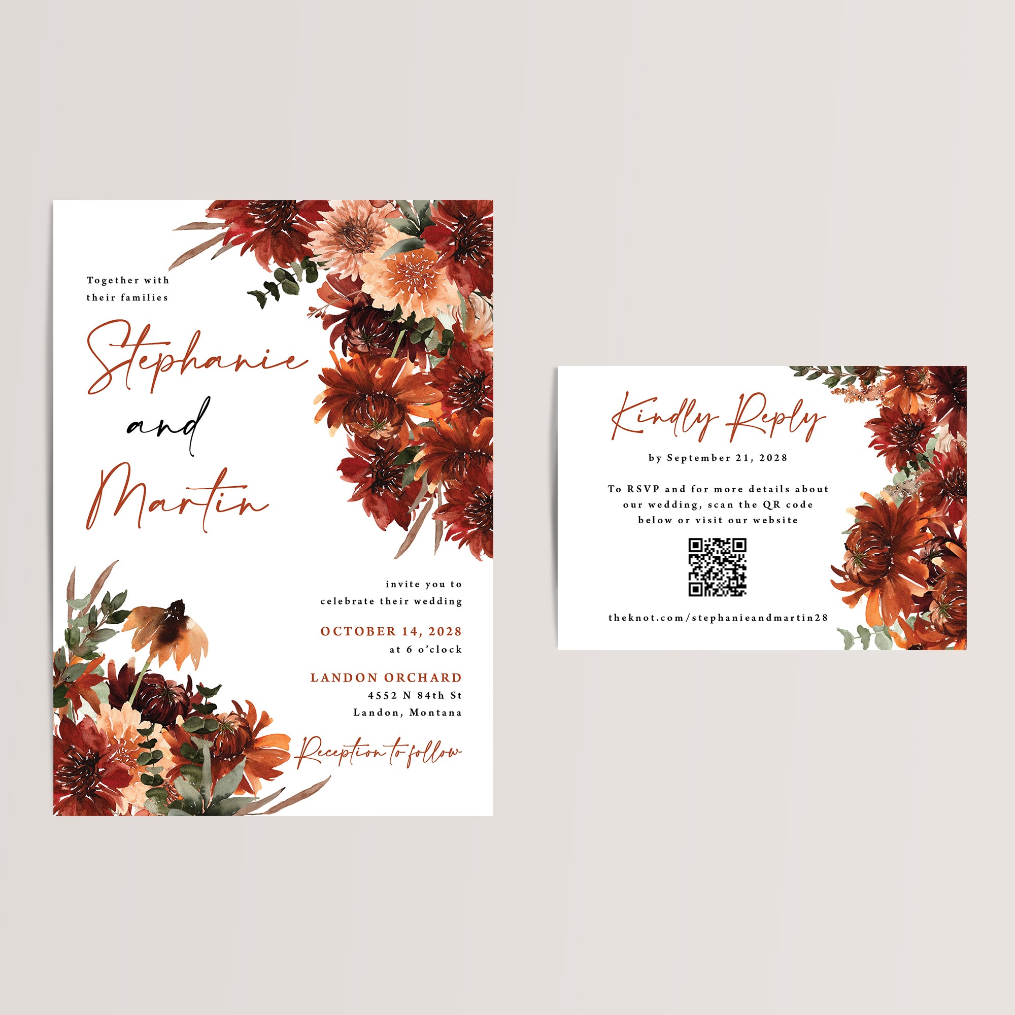 Boho Terracotta Wedding Invitation Suite with QR Code RSVP and Details Card
Elegant and budget-friendly, our boho terracotta wedding invitation suite featuring fall florals is the perfect choice for your autumn celebration. Printed on smooth, thick cardstock, each RSVP/details card includes a scannable QR code for easy access to your wedding website, ensuring your guests have all the important details at their fingertips and can RSVP there too.