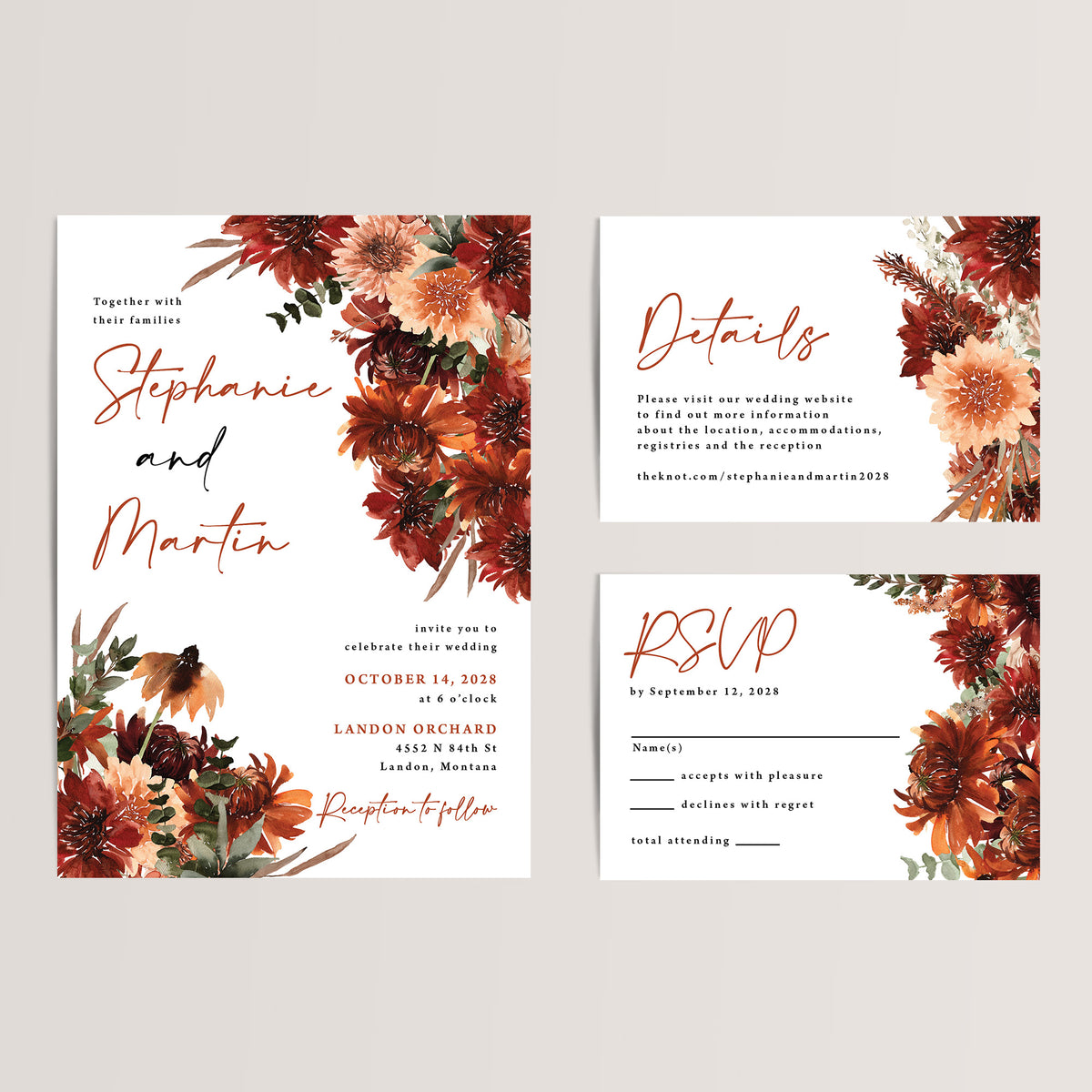 Terracotta Floral Fall Wedding Invitation Suite
Capture the warmth and elegance of autumn with our Terracotta Floral Wedding Invitation Suite. Perfect for fall weddings, this affordable suite includes a wedding invitation, RSVP card, and details card, all adorned with gorgeous terracotta and earthy floral designs.
