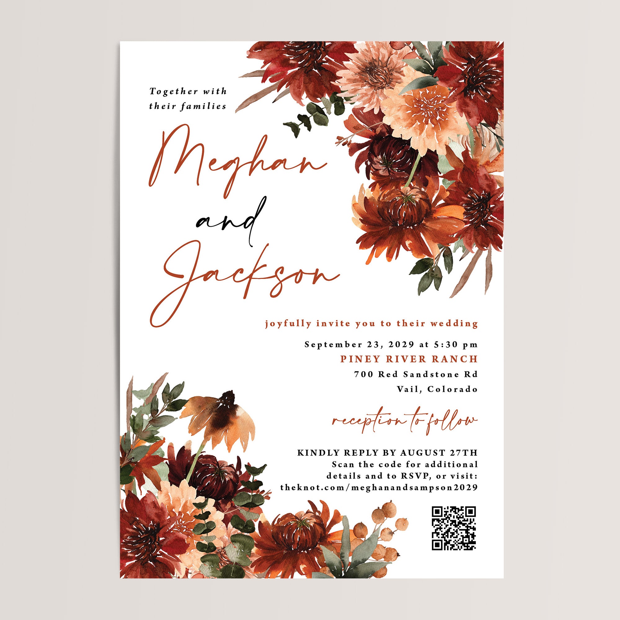 Boho Fall Wedding Invitations with QR Code – Perfect for Your Autumn Celebration
These budget-friendly boho wedding invitations feature gorgeous terracotta hues and fall florals, including a convenient QR code for your guests to easily RSVP. Ideal for fall weddings, these all-in-one invitations offer both beauty and practicality, ensuring your guests have all the details they need for your special day.