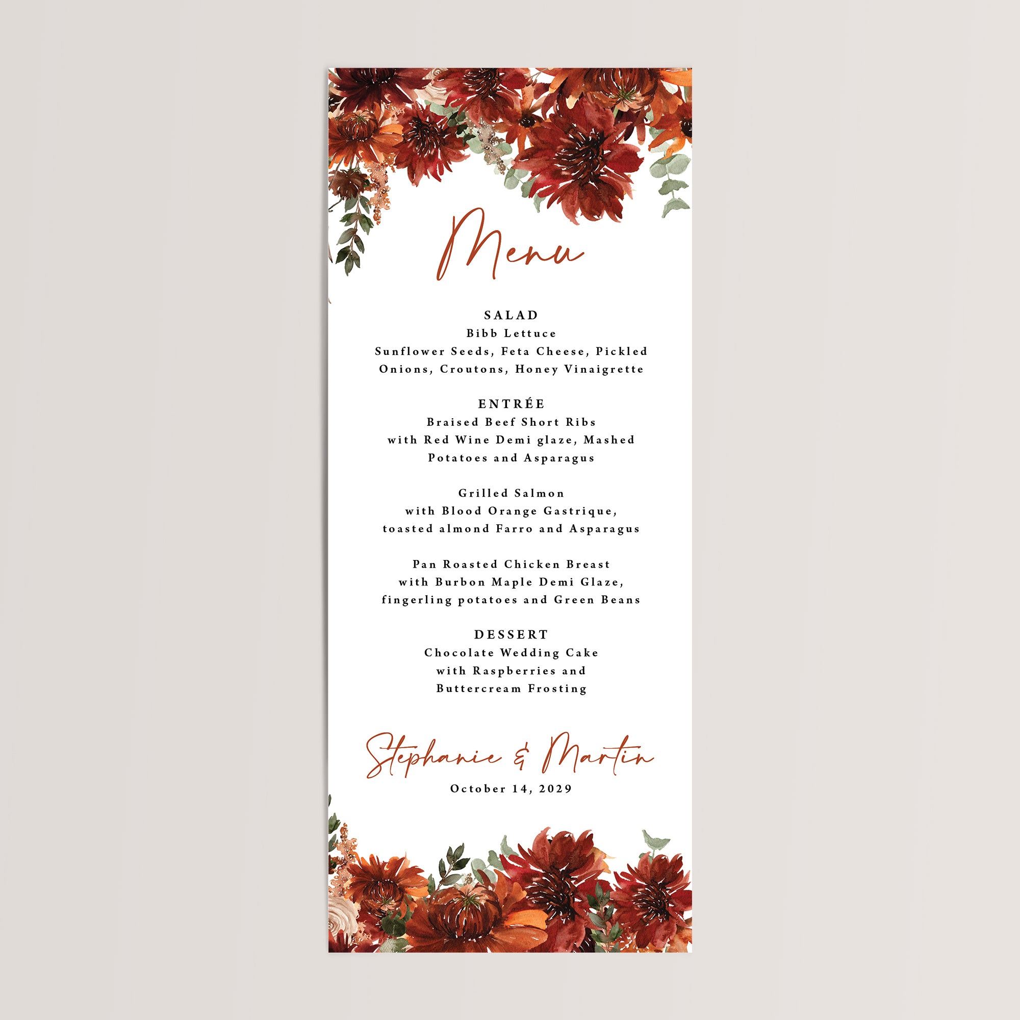 Printed terracotta fall floral wedding menu card for your guests' plate during the wedding reception.