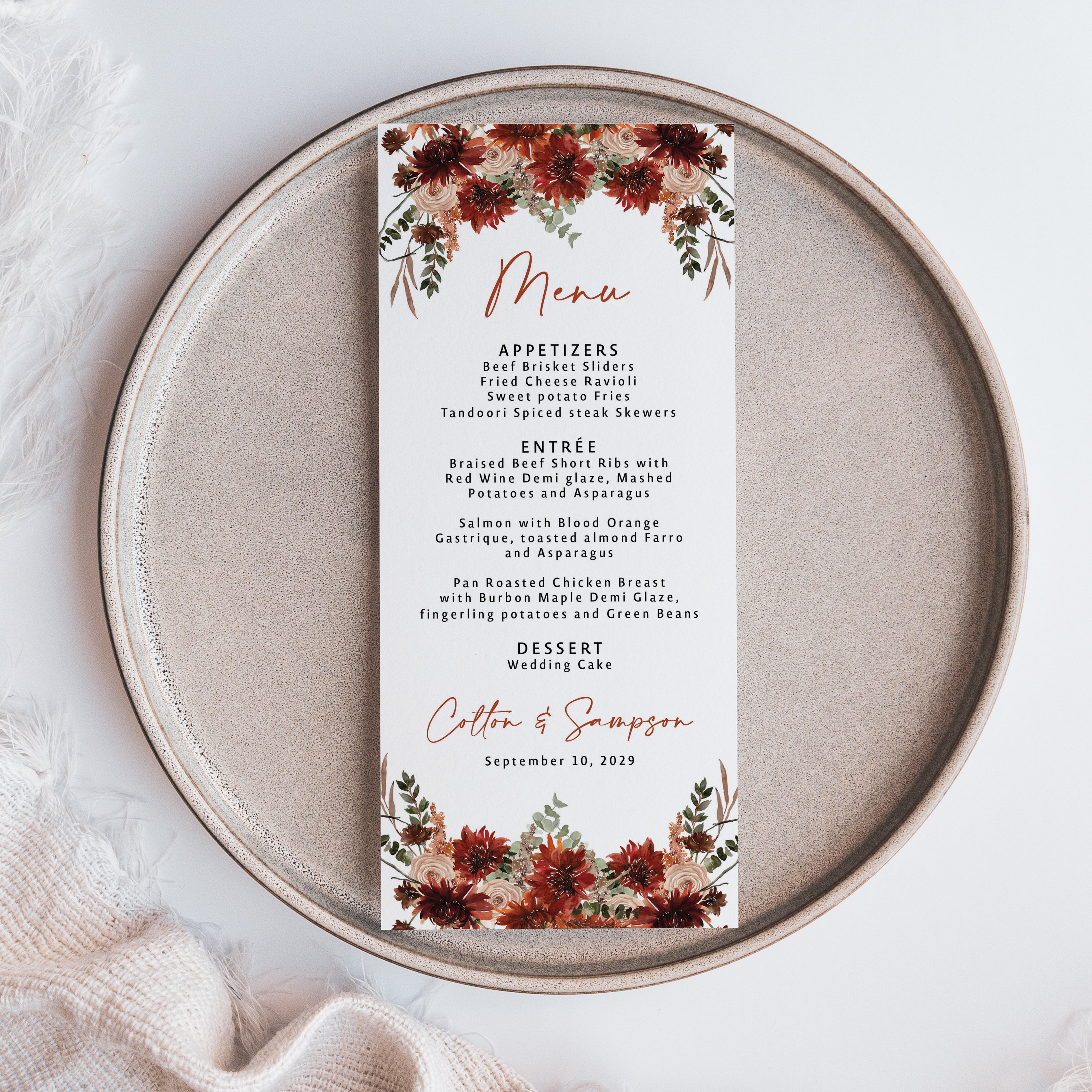 Printed terracotta fall floral wedding menu card for your guests' plate during the wedding reception.
