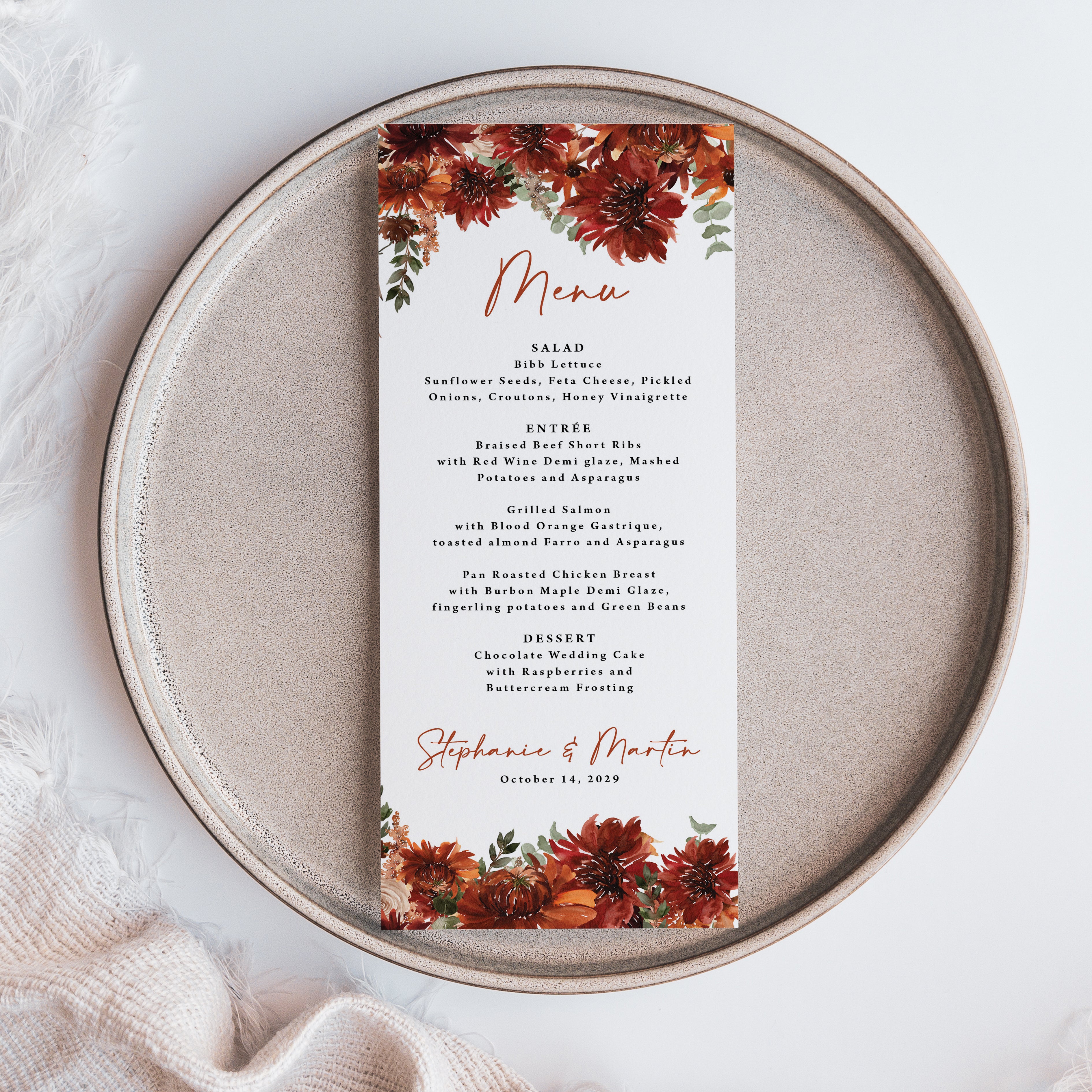 Printed terracotta fall floral wedding menu card for your guests' plate during the wedding reception.