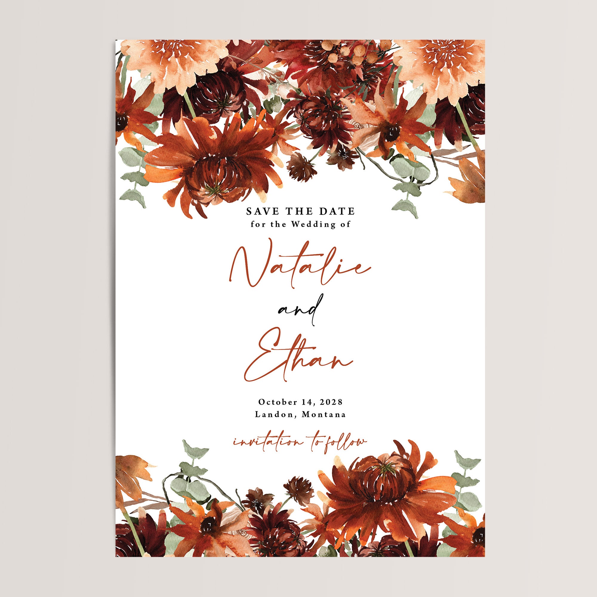 Boho Terracotta Fall Wedding Save the Date Cards
Featuring a rustic, warm terracotta design, these cards are the perfect way to announce your fall wedding or boho-inspired celebration. Ideal for couples looking to set the tone for a cozy and earthy event.