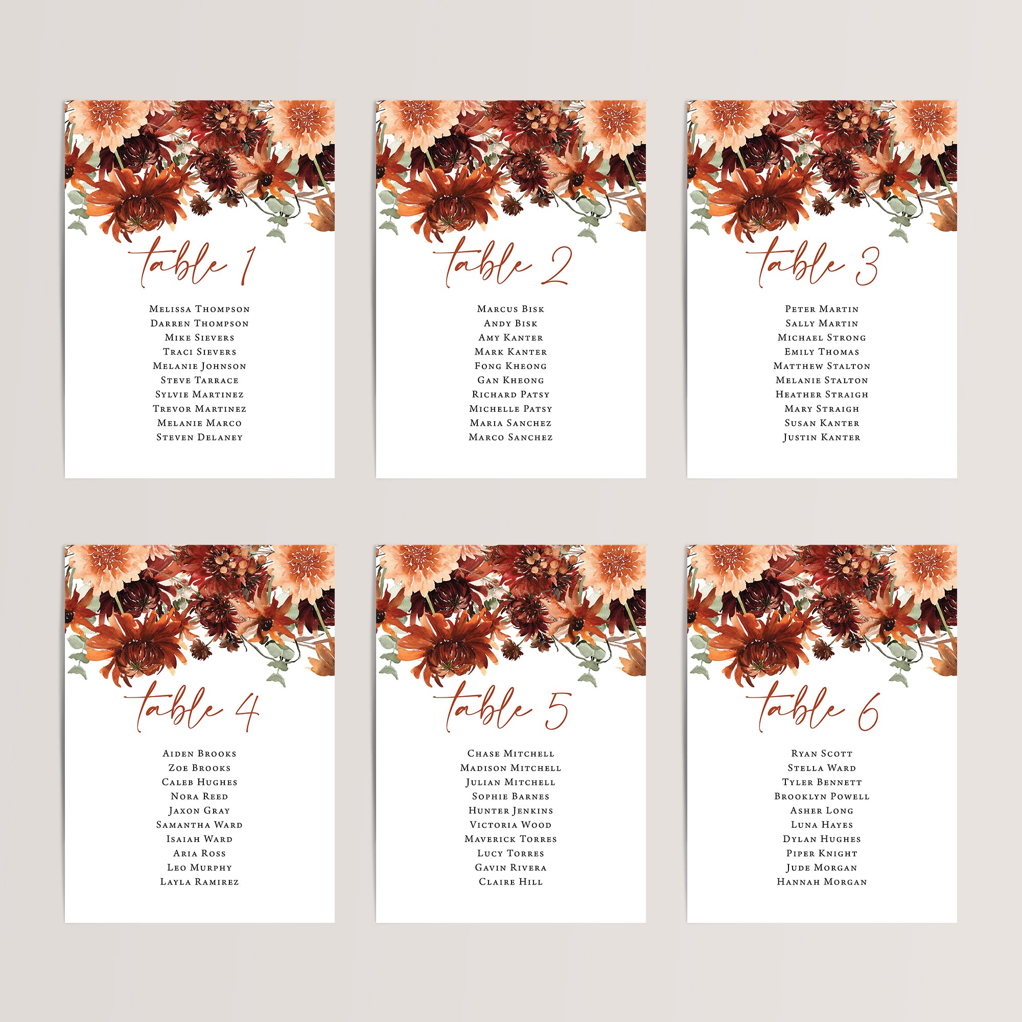 Printed terracotta fall floral wedding seating chart cards in x7 or 4x6 inches.