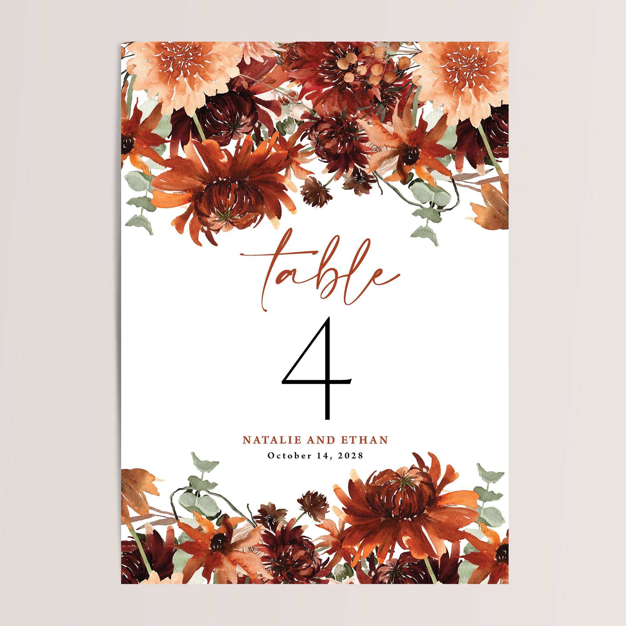 Printed terracotta fall wedding table numbers in either 5x7 or 4x6 size.