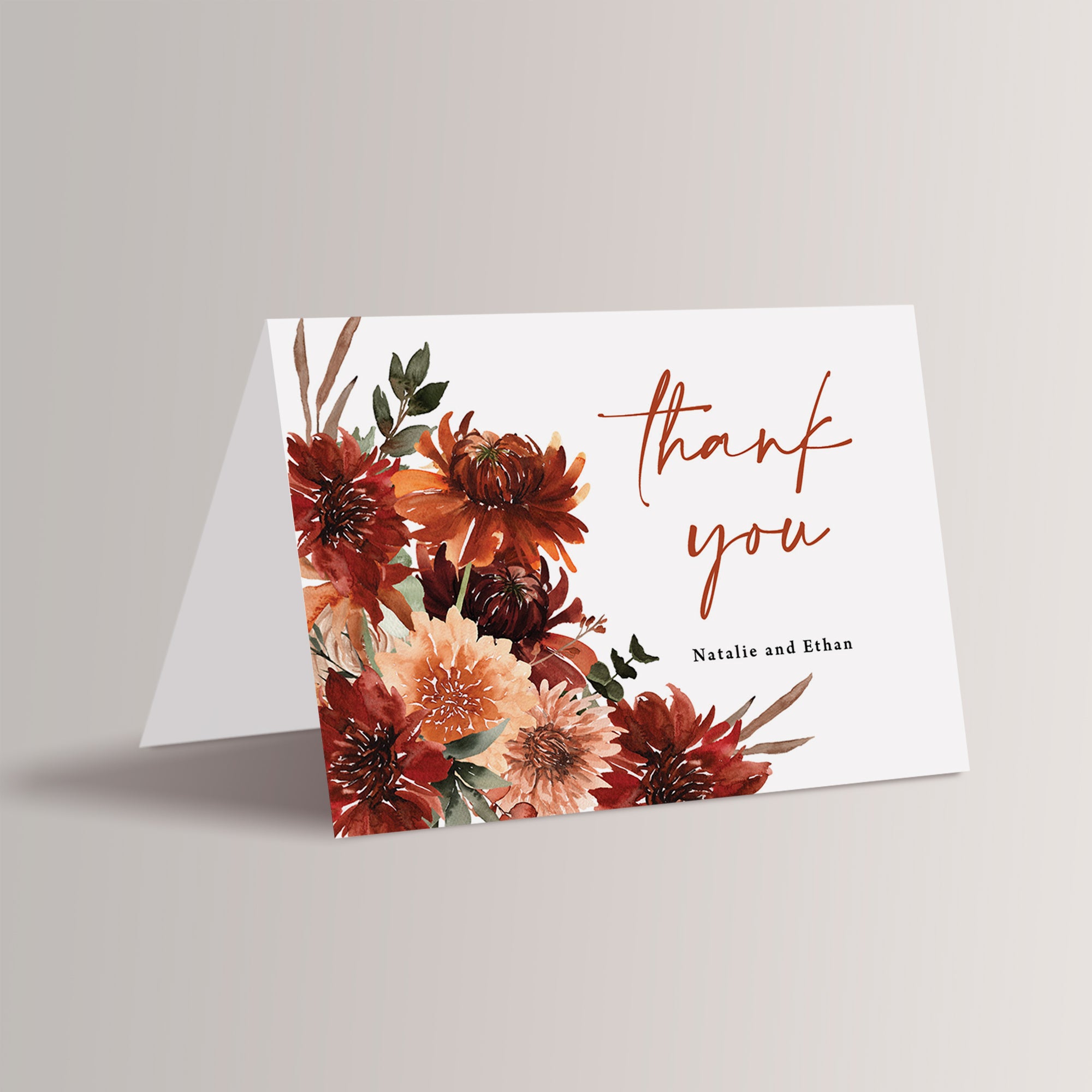 Terracotta Fall Wedding Thank You Cards
Boho terracotta wedding thank you cards with gorgeous fall florals – a perfect way to express your gratitude for your autumn wedding. These cards capture the warm, rustic beauty of fall, making them an ideal choice for your fall wedding. These are personalized with the names.