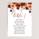 Printed terracotta fall floral wedding seating chart cards in x7 or 4x6 inches.
