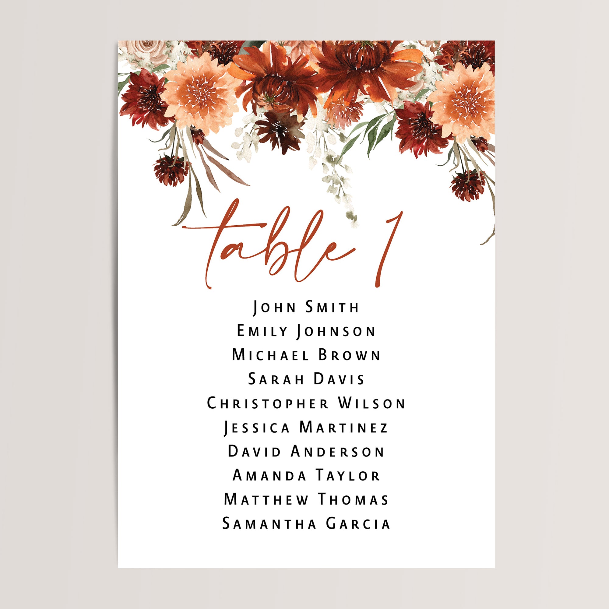 Printed terracotta fall floral wedding seating chart cards in x7 or 4x6 inches.