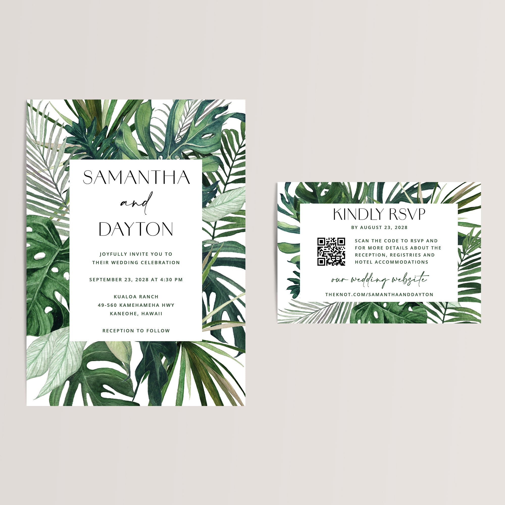 Elegant and budget-friendly, our tropical wedding invitation suite is the perfect choice for a destination wedding in Hawaii, Jamaica, Mexico, or the Virgin Islands. Featuring vibrant palm leaves, this suite captures the essence of a paradise wedding. Printed on smooth, thick cardstock, each RSVP/details card includes a scannable QR code, making it easy for your guests to access your wedding website, stay updated on important details, and RSVP with ease.