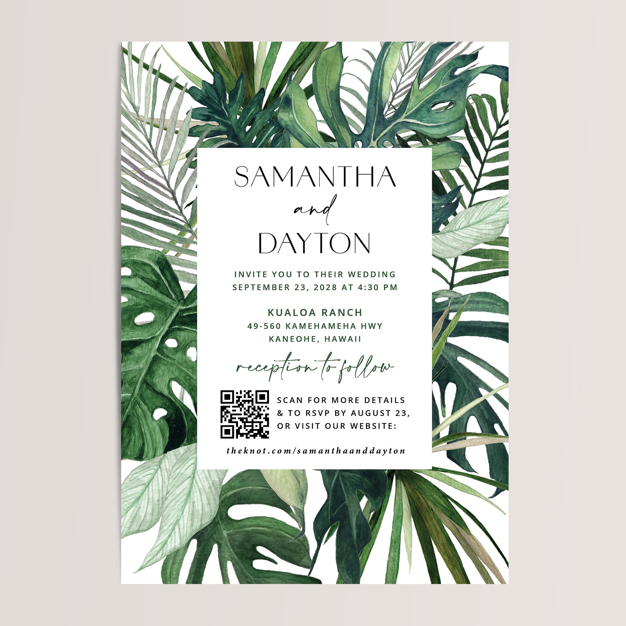 These budget-friendly tropical wedding invitations feature lush palm leaves, capturing the beauty of Hawaiian, Jamaican, Mexican, or Virgin Islands wedding. Including a convenient QR code for easy RSVPs, these all-in-one invitations offer both elegance and practicality, ensuring your guests have all the details they need for your unforgettable tropical celebration.