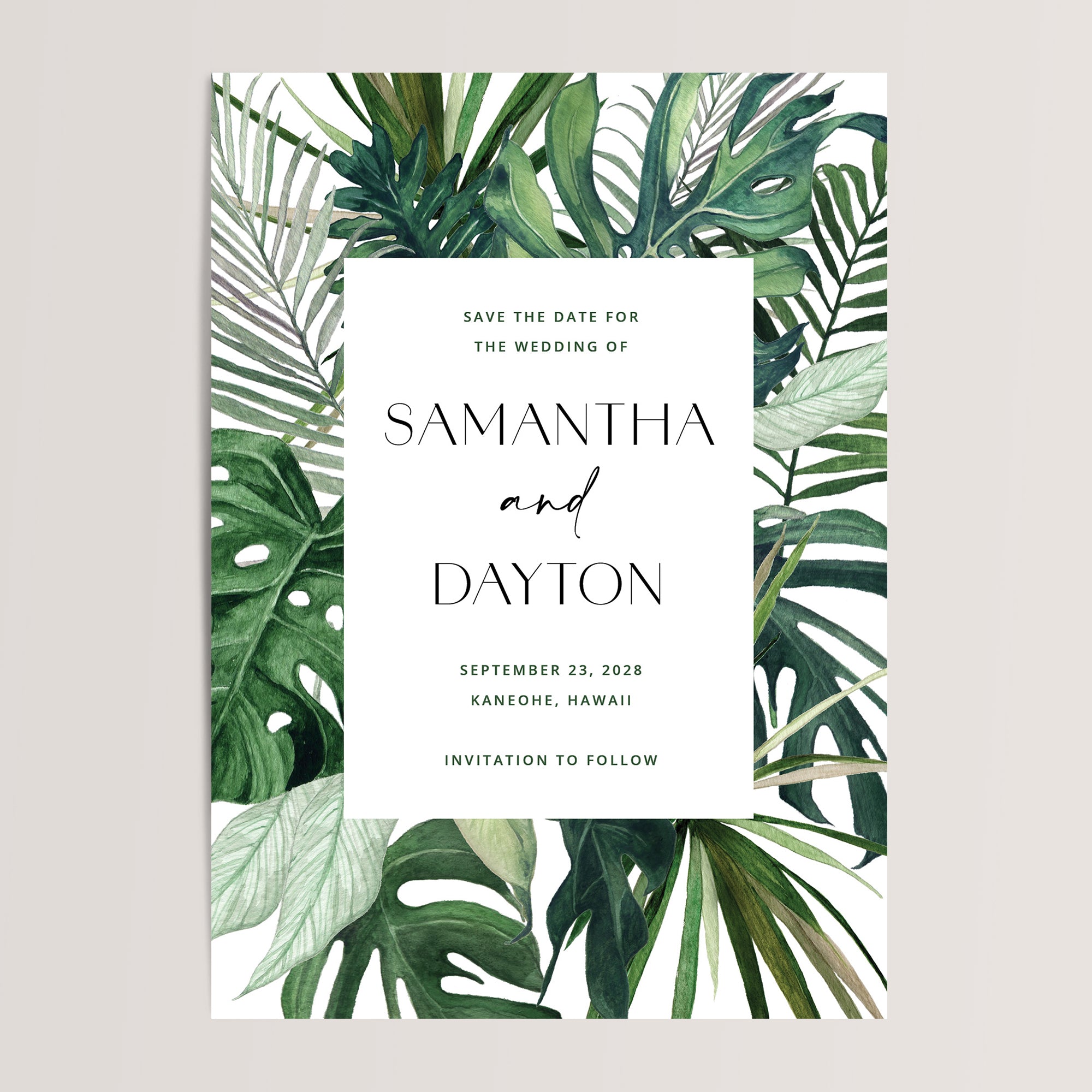 Perfect save the dates for a tropical wedding in Hawaii, Jamaica, Mexico, or the Virgin Islands. Featuring a breezy and elegant design with lush palm leaves.