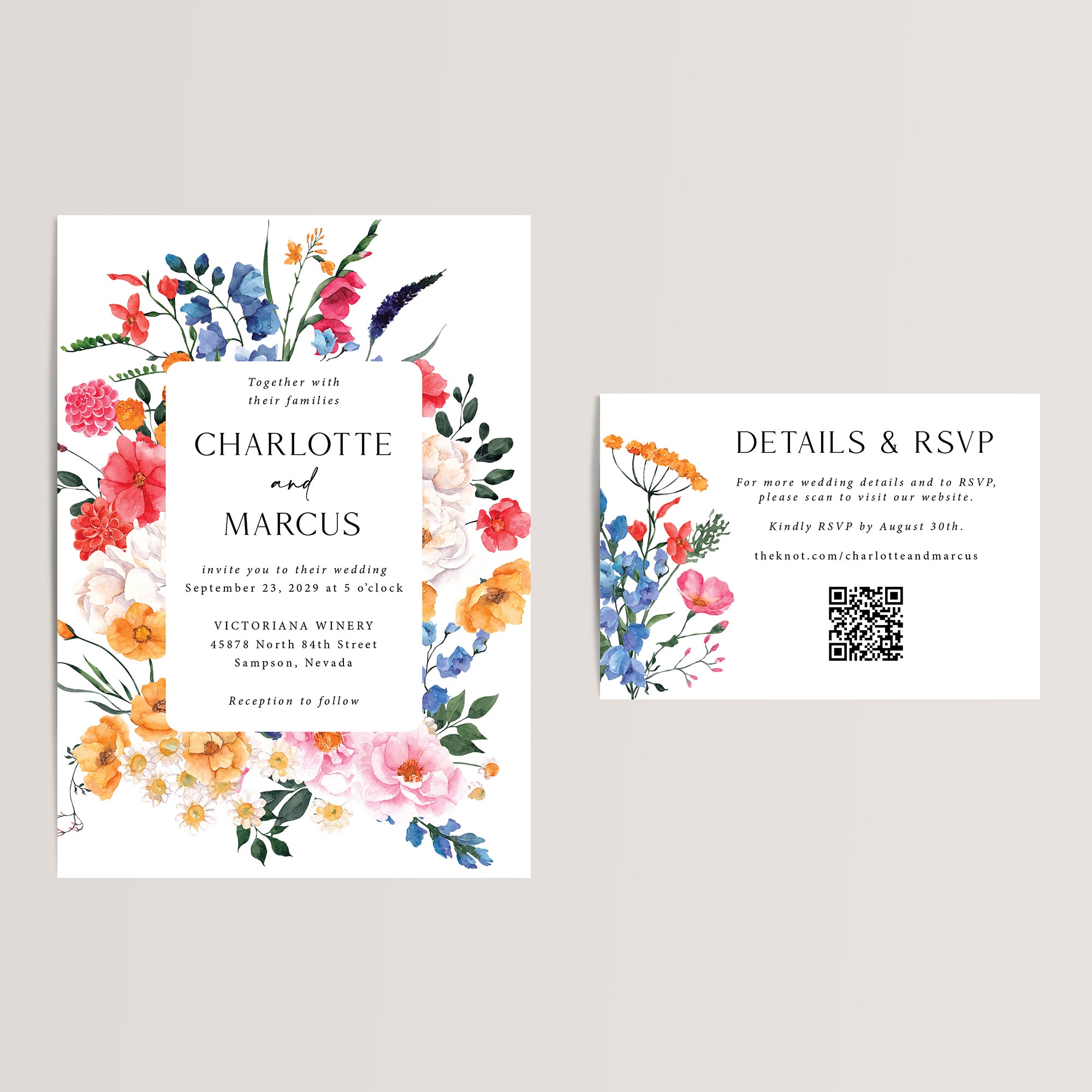 Spring & Summer Wedding Invitation Suite with QR Code RSVP Card – Featuring Gorgeous Wildflowers
Elegant and budget-friendly, our wedding invitation suite with beautiful wildflower designs is the perfect choice for your spring, summer, or outdoor celebration. Printed on smooth, thick cardstock, each RSVP/details card includes a scannable QR code, making it easy for your guests to access your wedding website and stay updated with all the important details and they can RSVP there too.